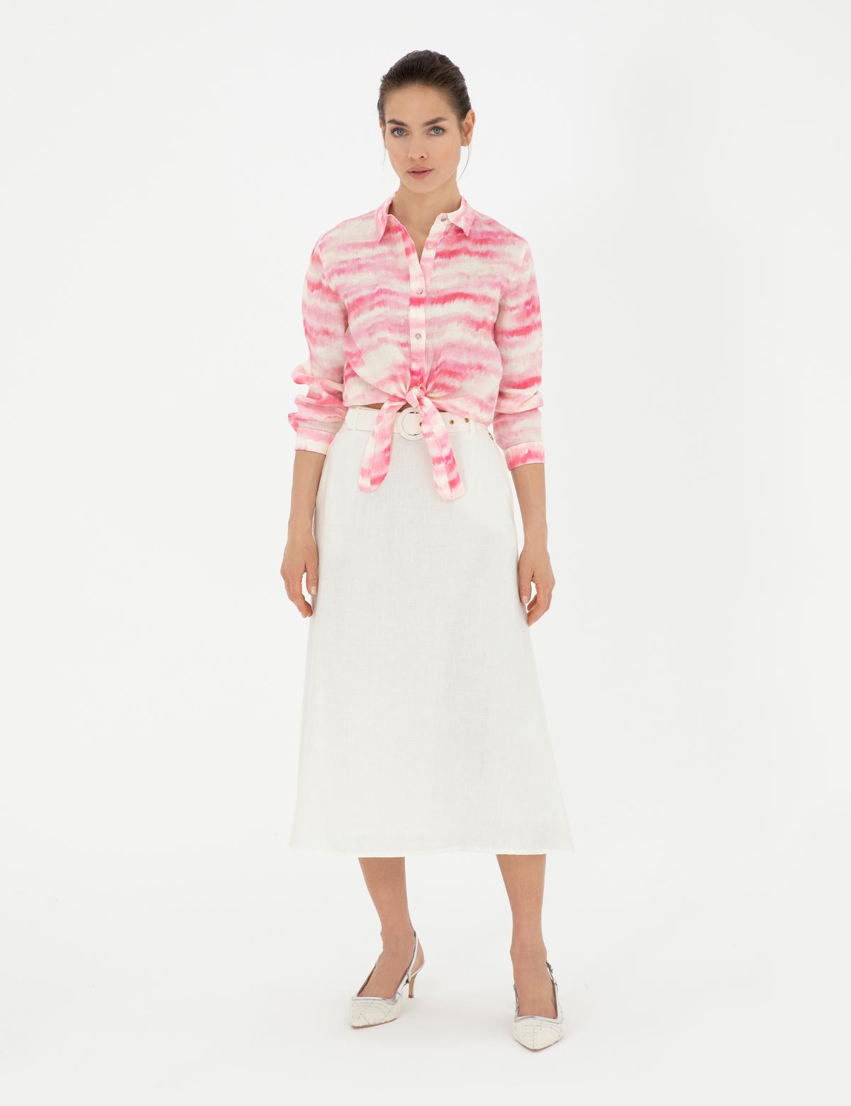 Pembe Crop Top Uzun Kollu Keten Gömlek - 50284839005