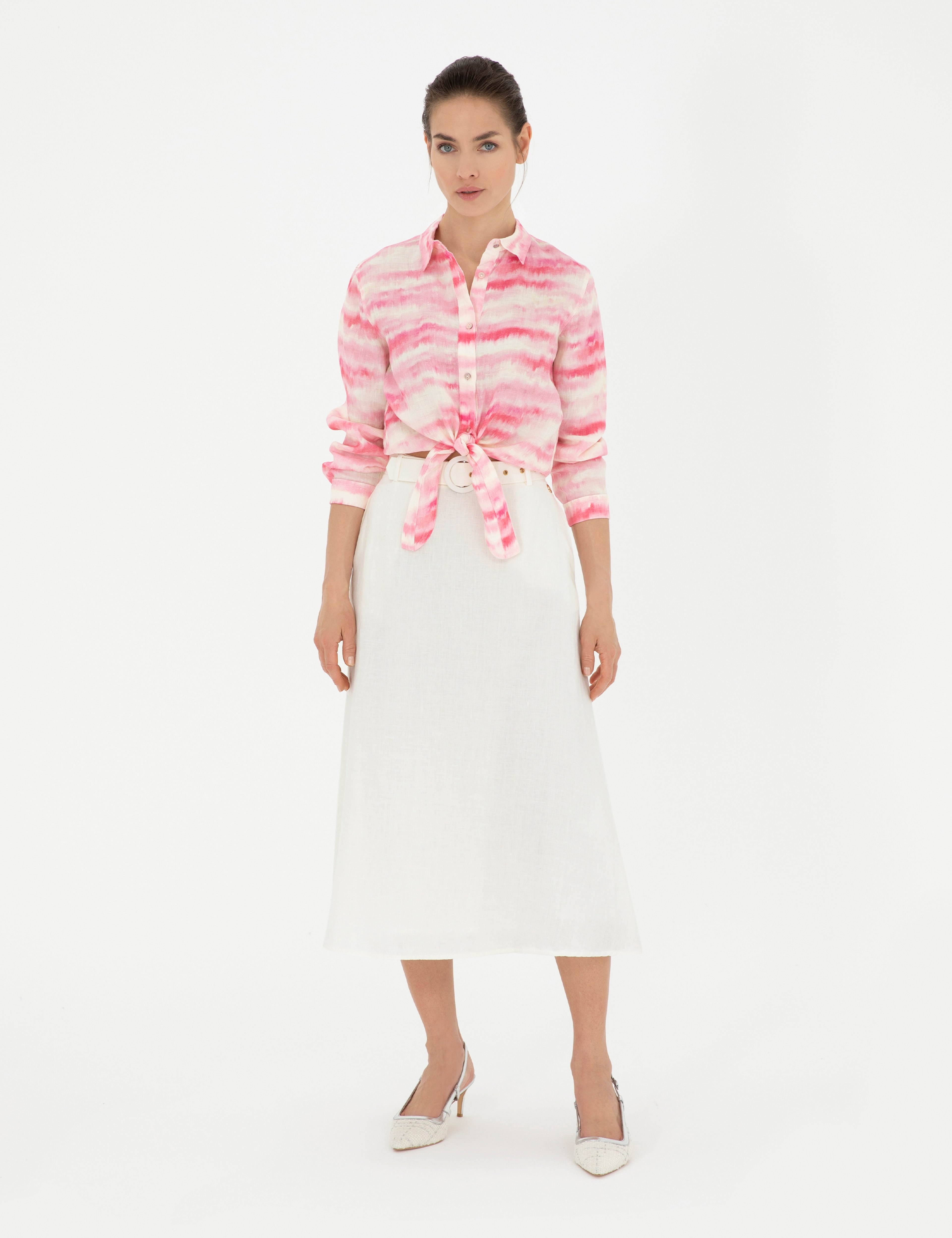 Pembe Crop Top Uzun Kollu Keten Gömlek - Image 4