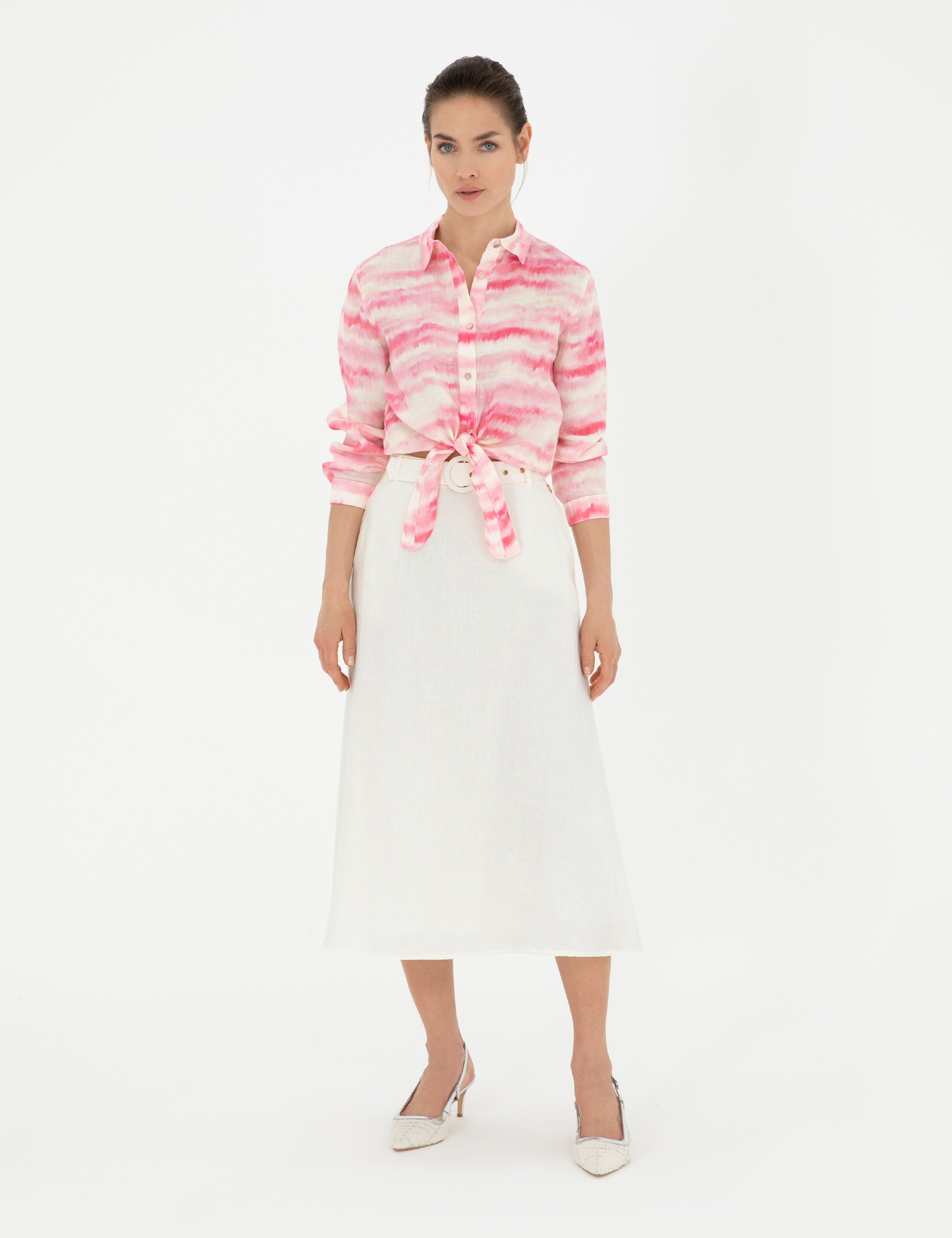 Pembe Crop Top Uzun Kollu Keten Gömlek