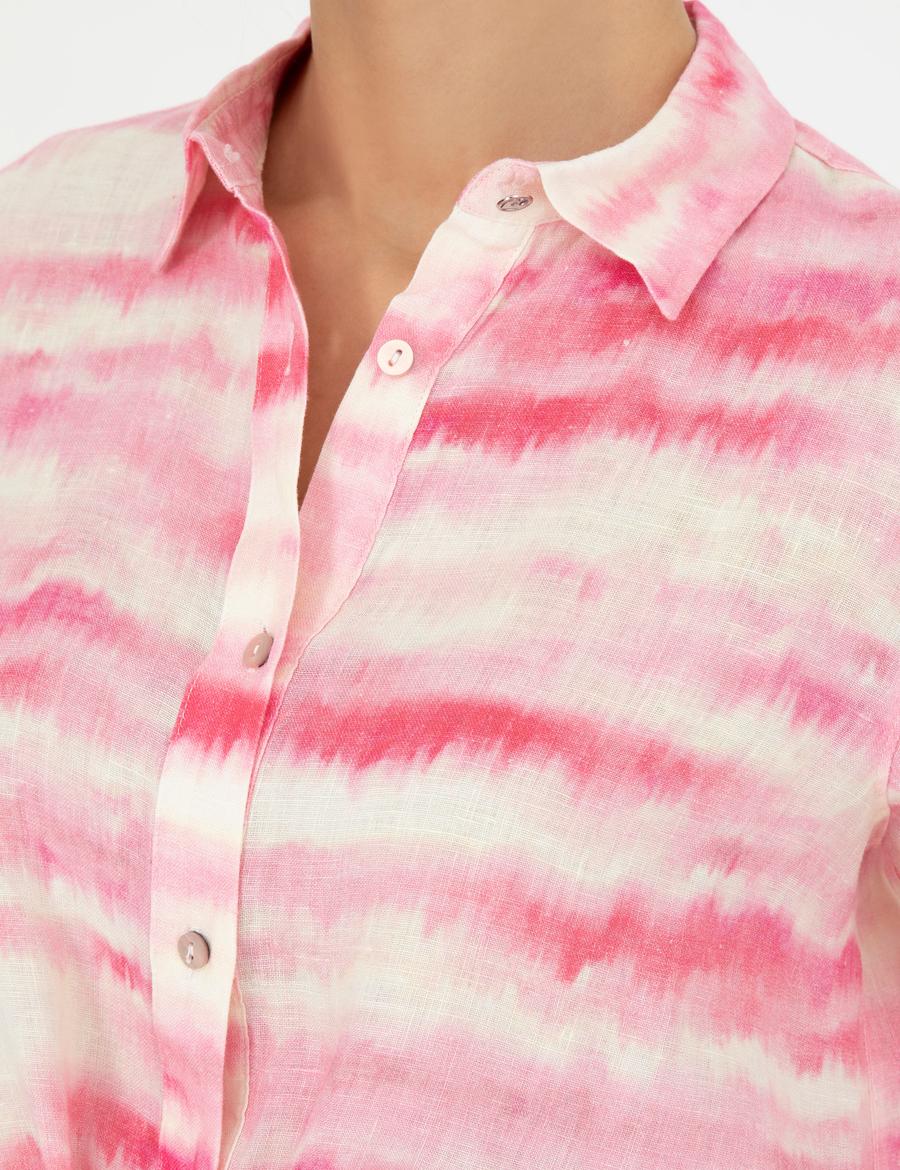 Pembe Crop Top Uzun Kollu Keten Gömlek