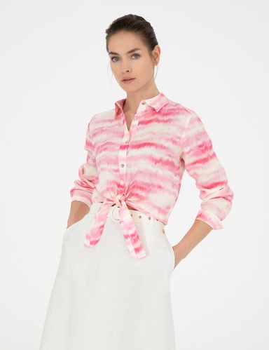 Pembe Crop Top Uzun Kollu Keten Gömlek