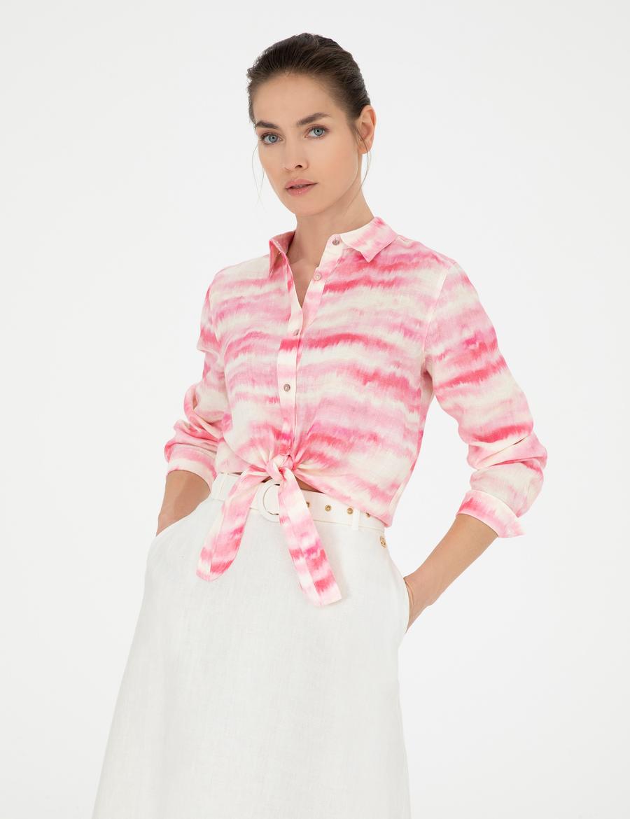 Pembe Crop Top Uzun Kollu Keten Gömlek