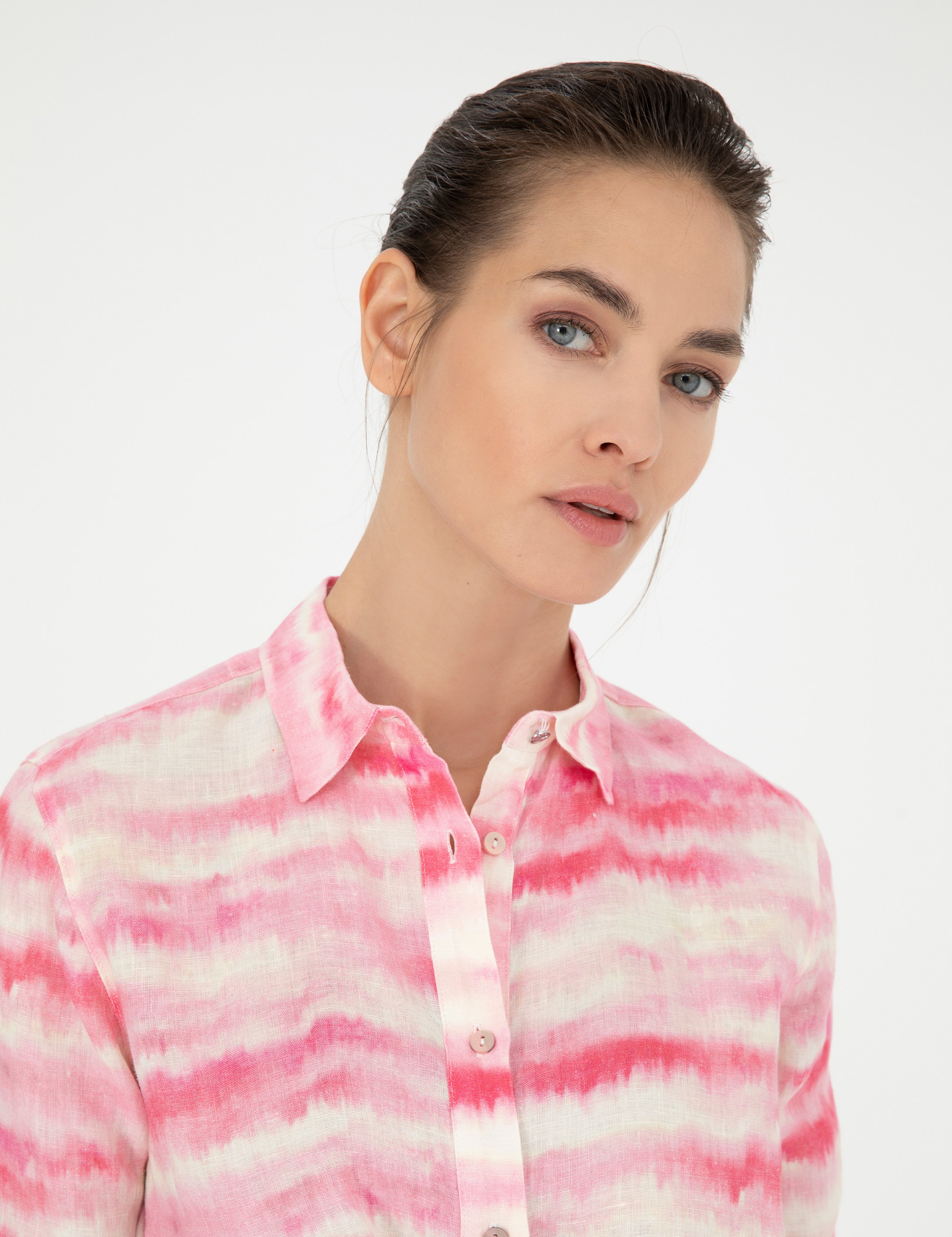 Pembe Crop Top Uzun Kollu Keten Gömlek - Image 2