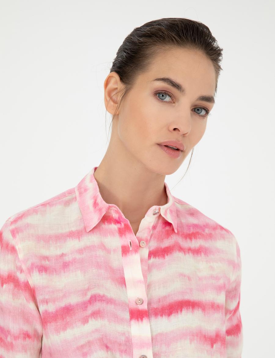 Pembe Crop Top Uzun Kollu Keten Gömlek