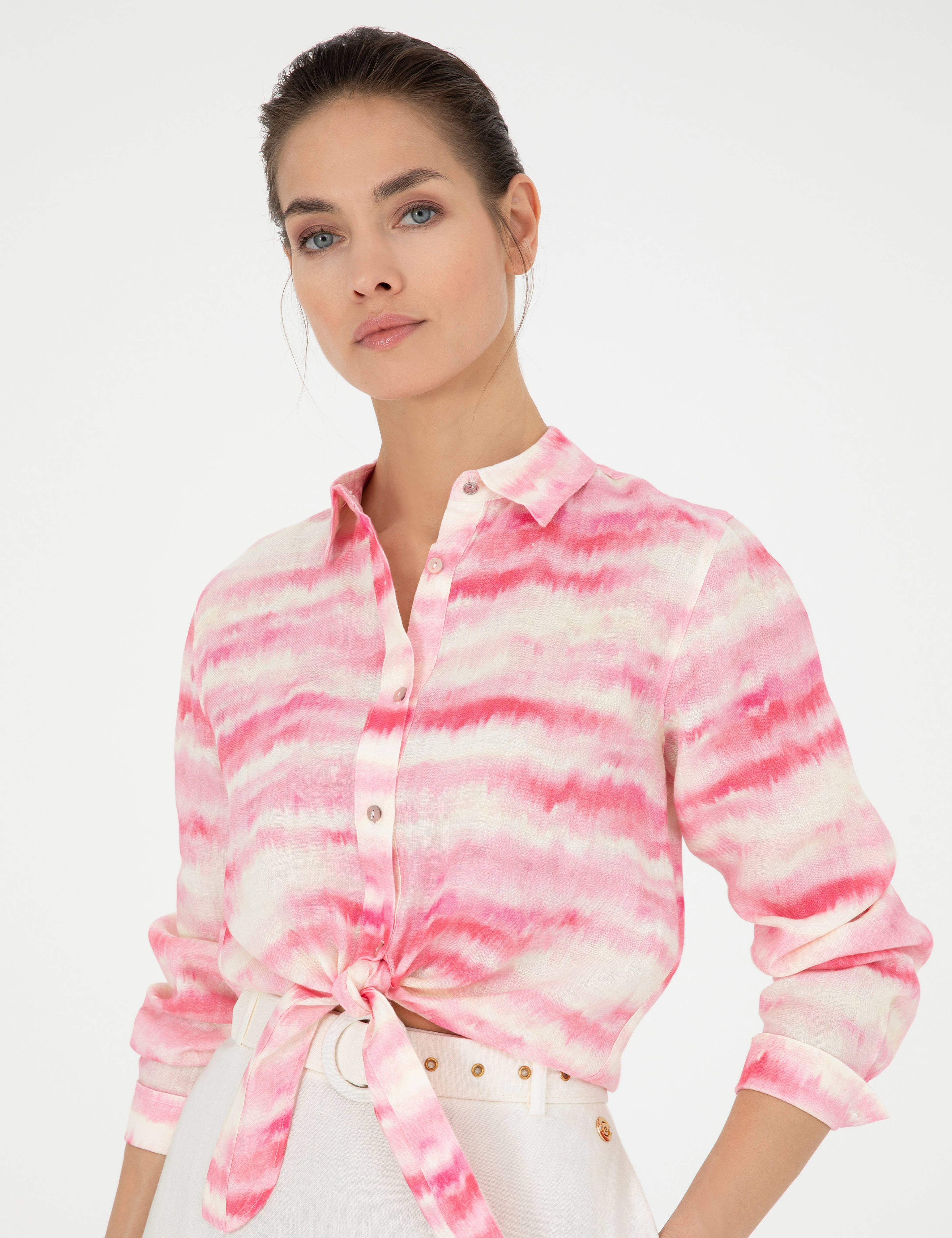 Pembe Crop Top Uzun Kollu Keten Gömlek - Image 3