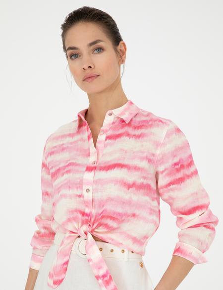 Pembe Crop Top Uzun Kollu Keten Gömlek - 50284839005