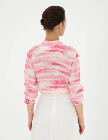 Pembe Crop Top Uzun Kollu Keten Gömlek