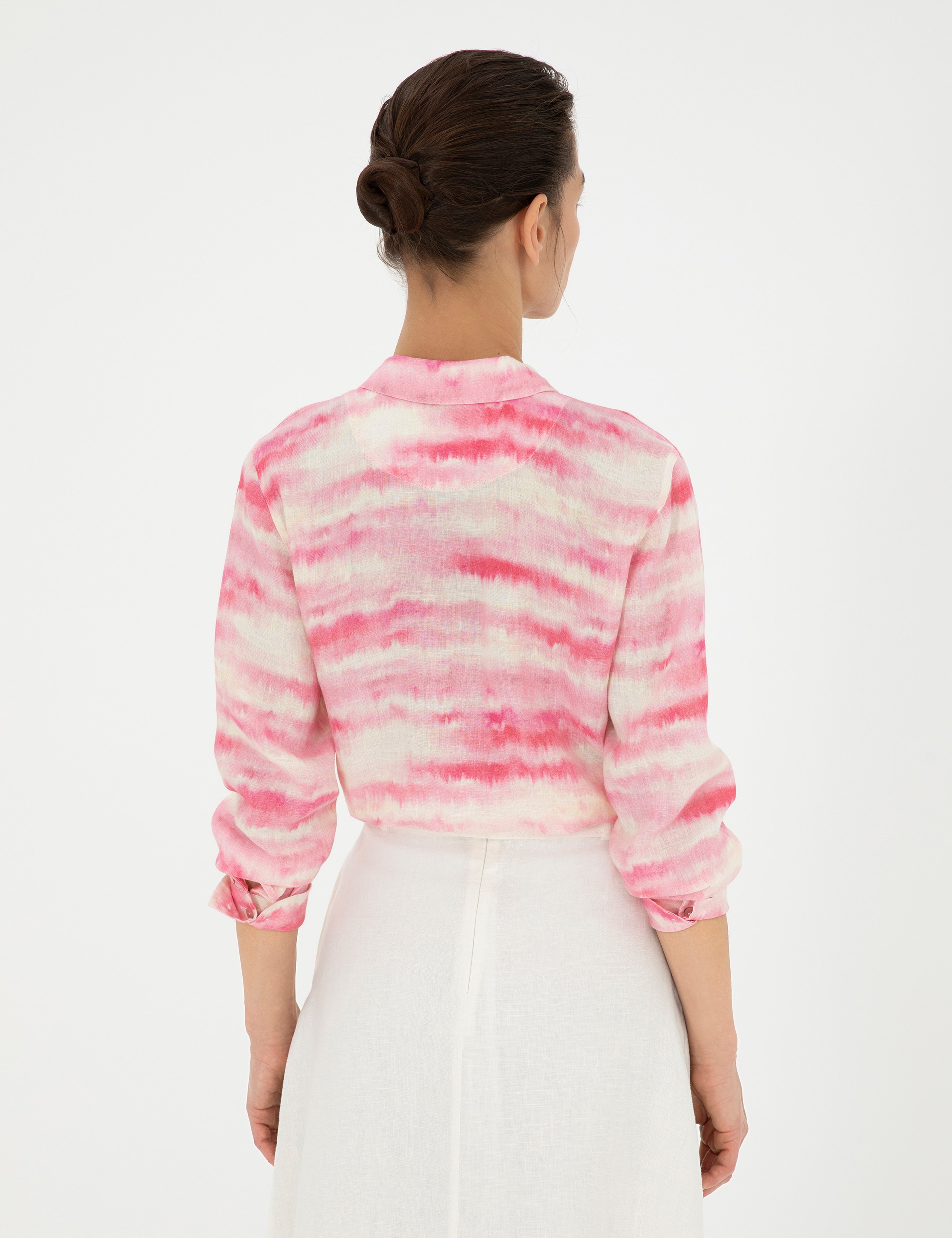 Pembe Crop Top Uzun Kollu Keten Gömlek - Image 5