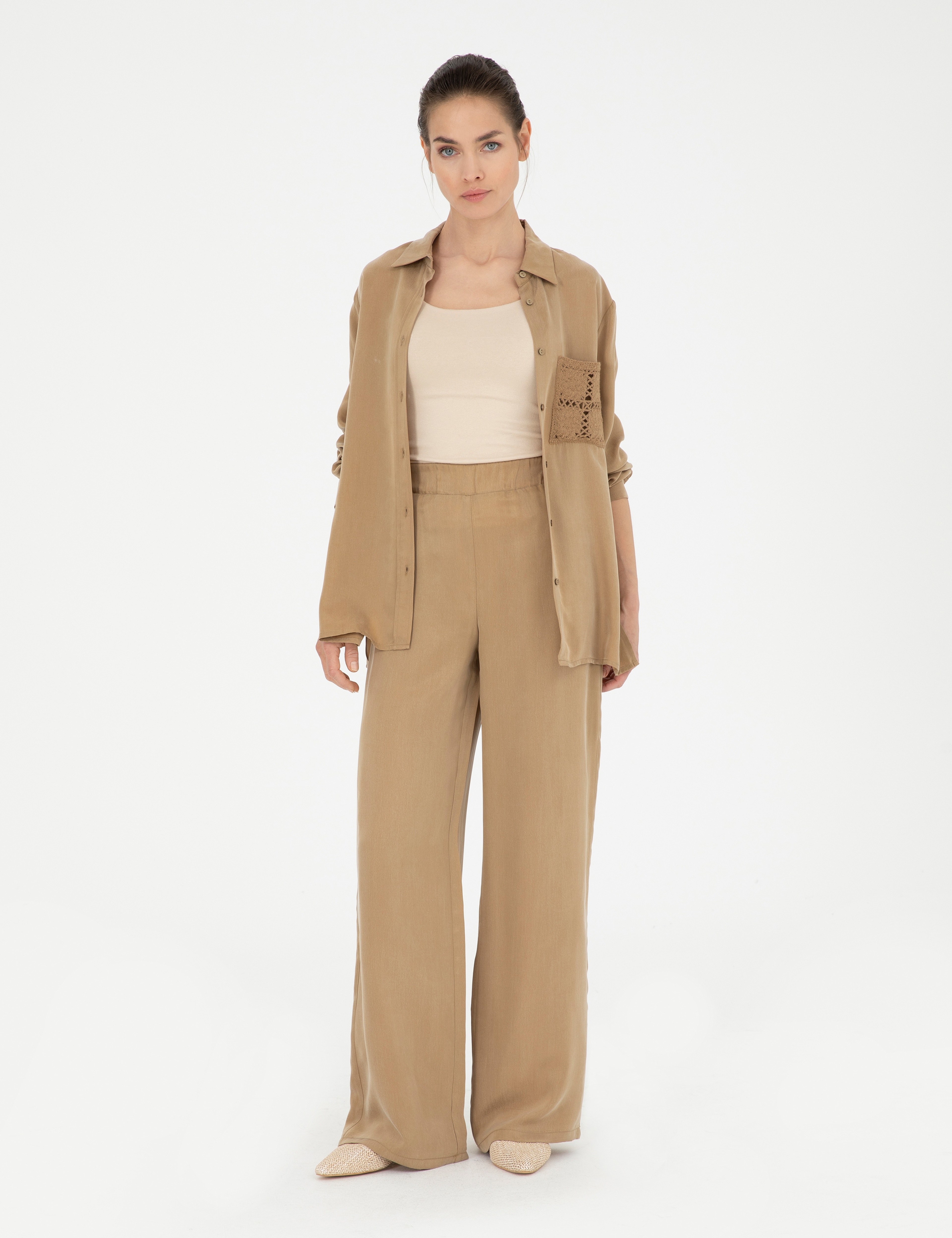 Bej Kupro Kumaş Loose Fit Pantolon - Image 1