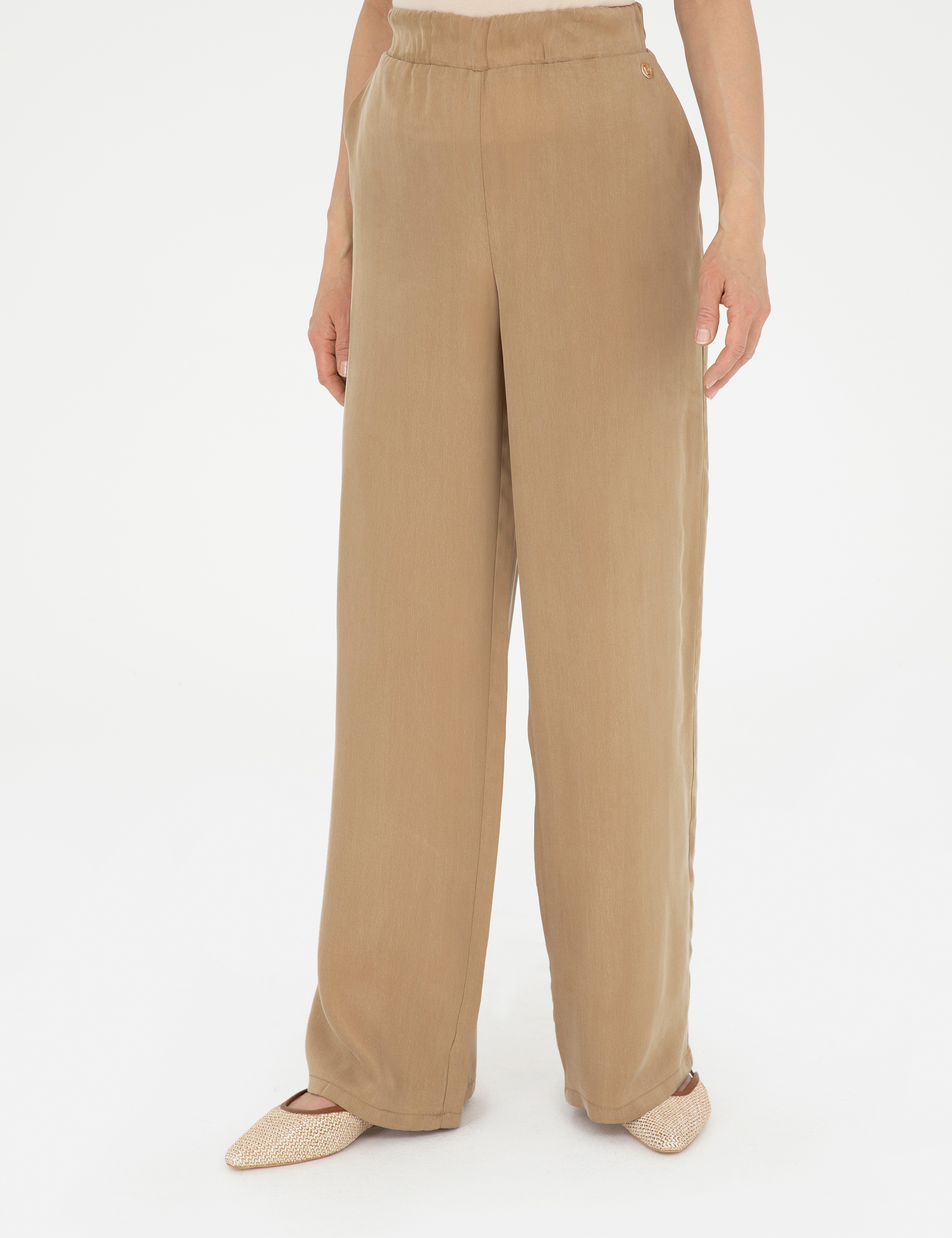 Bej Kupro Kumaş Loose Fit Pantolon - Image 2