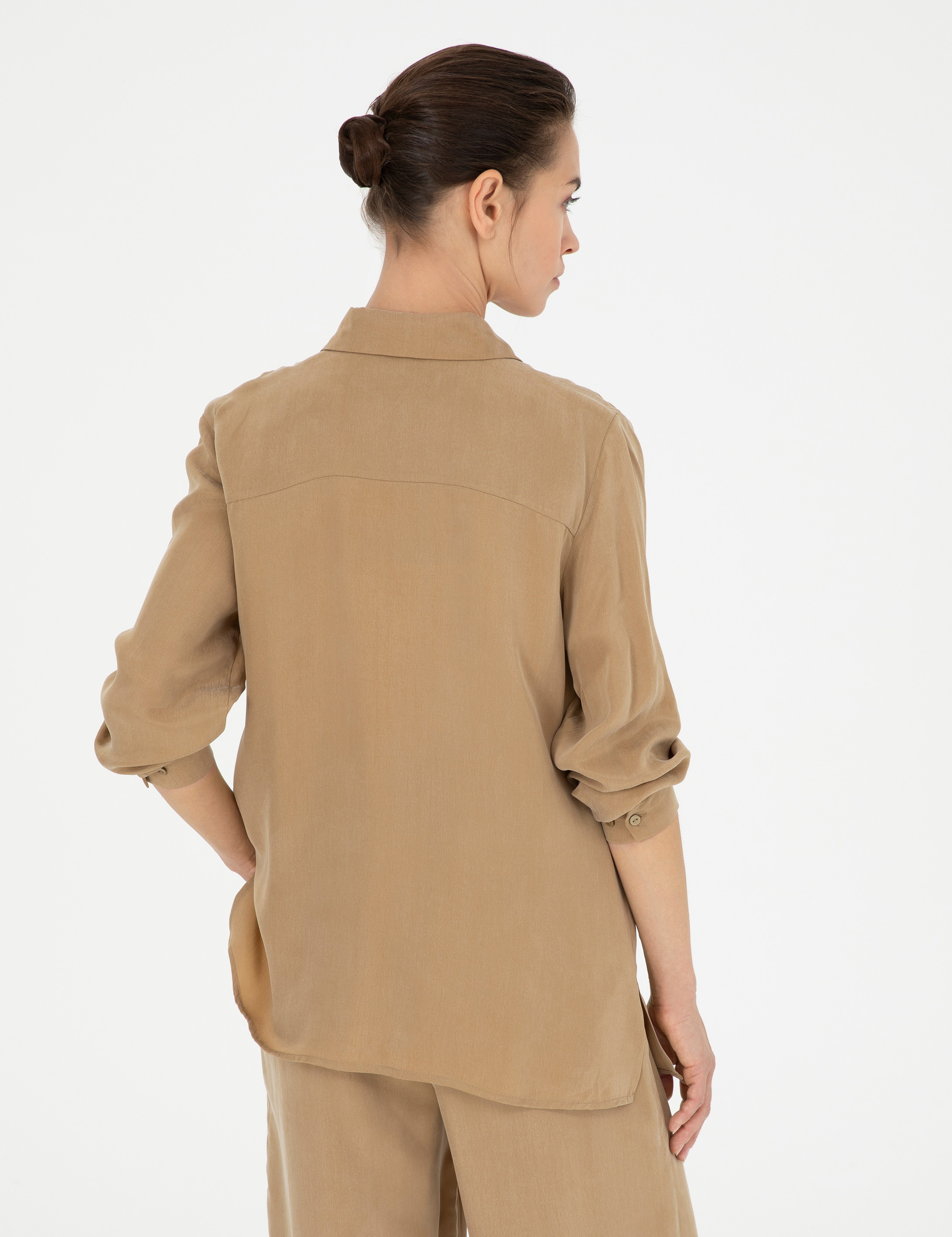 Bej Cupro Regular Fit Uzun Kollu Gömlek - Image 5