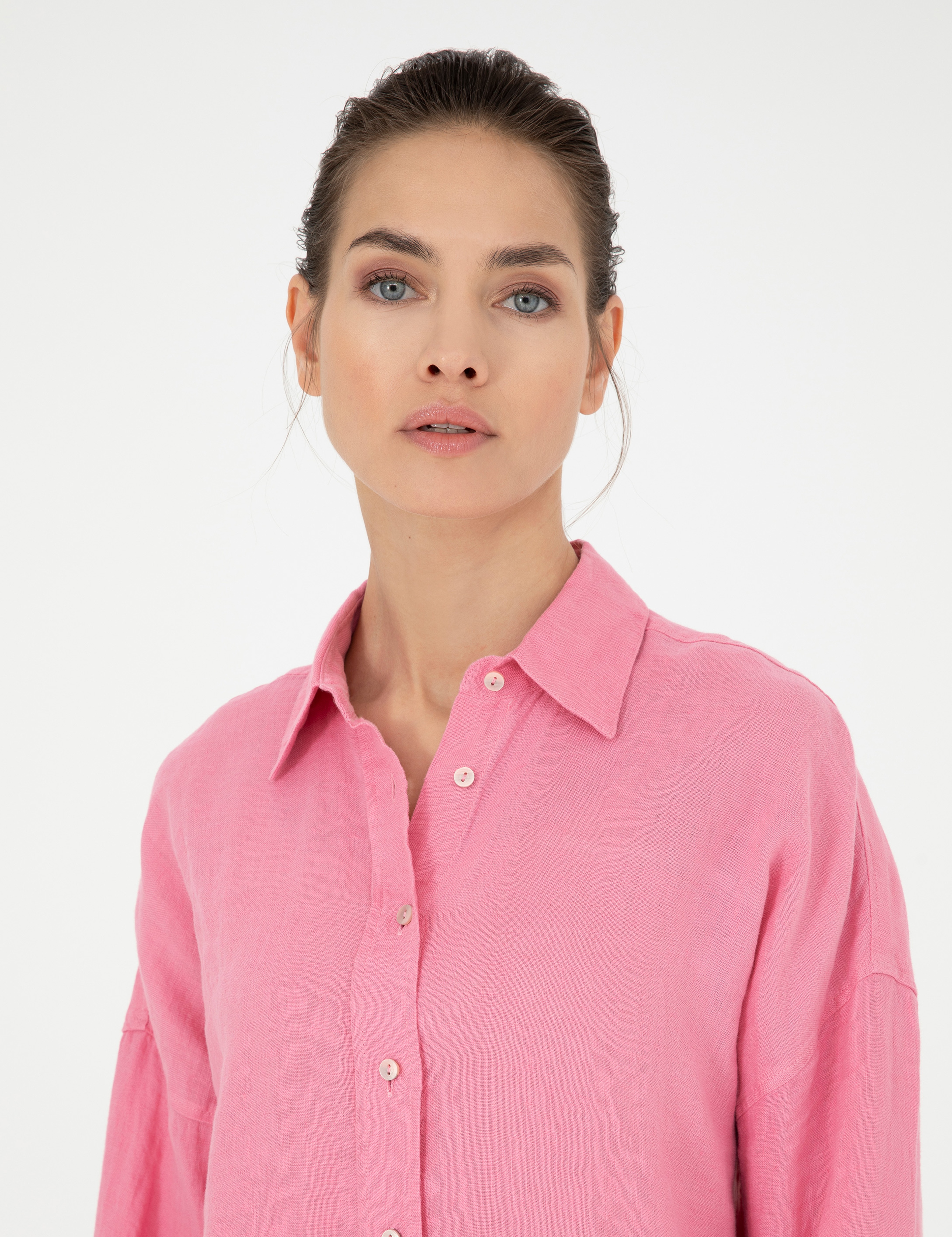 Pembe Oversize Keten  Gömlek - Image 2