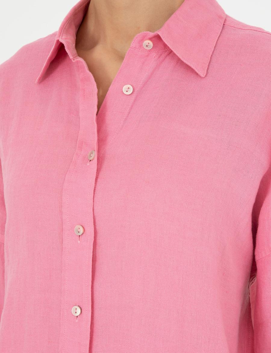 Pembe Oversize Keten  Gömlek