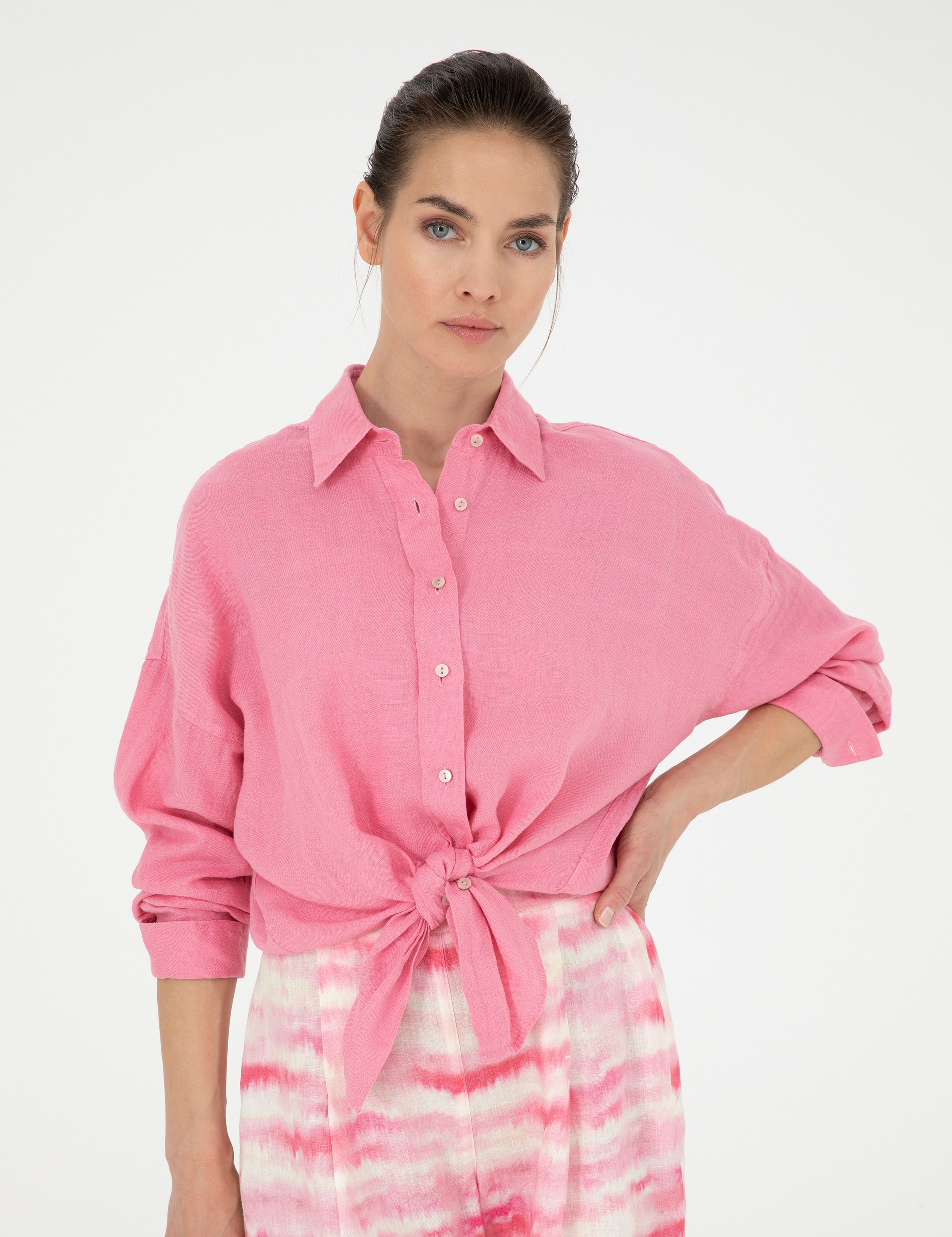 Pembe Oversize Keten  Gömlek - Image 3