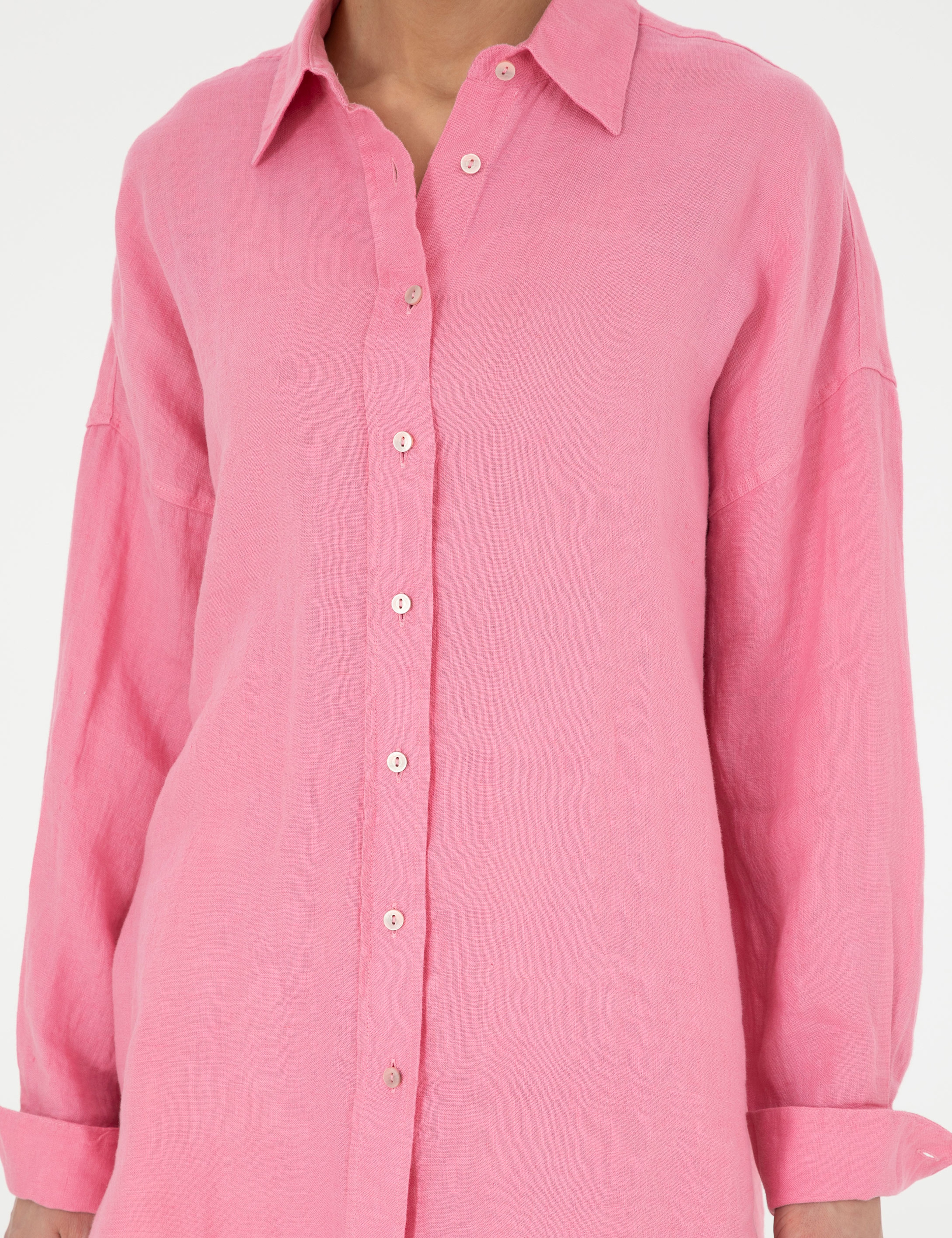 Pembe Oversize Keten  Gömlek