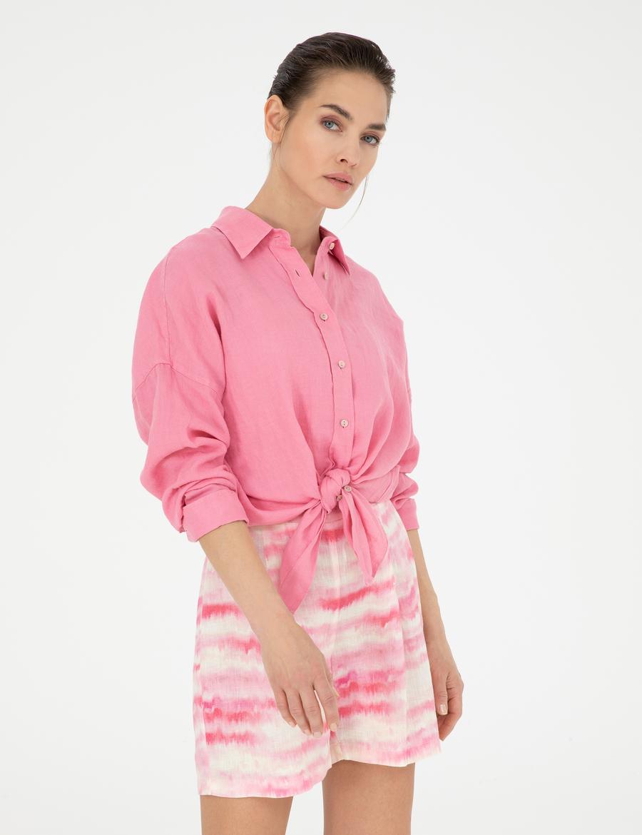 Pembe Oversize Keten  Gömlek