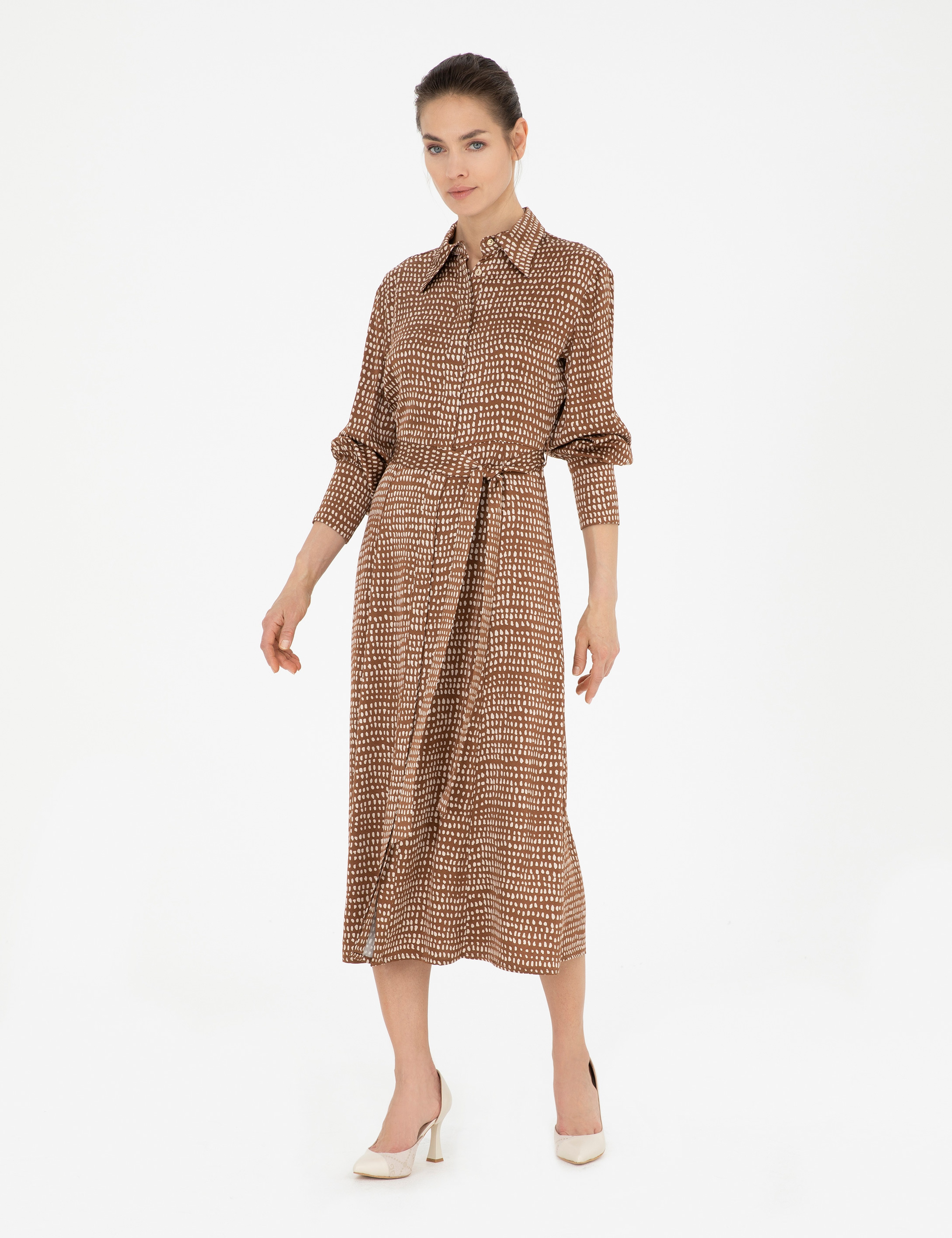 Kahverengi Regular Fit Dokuma Elbise - Image 3