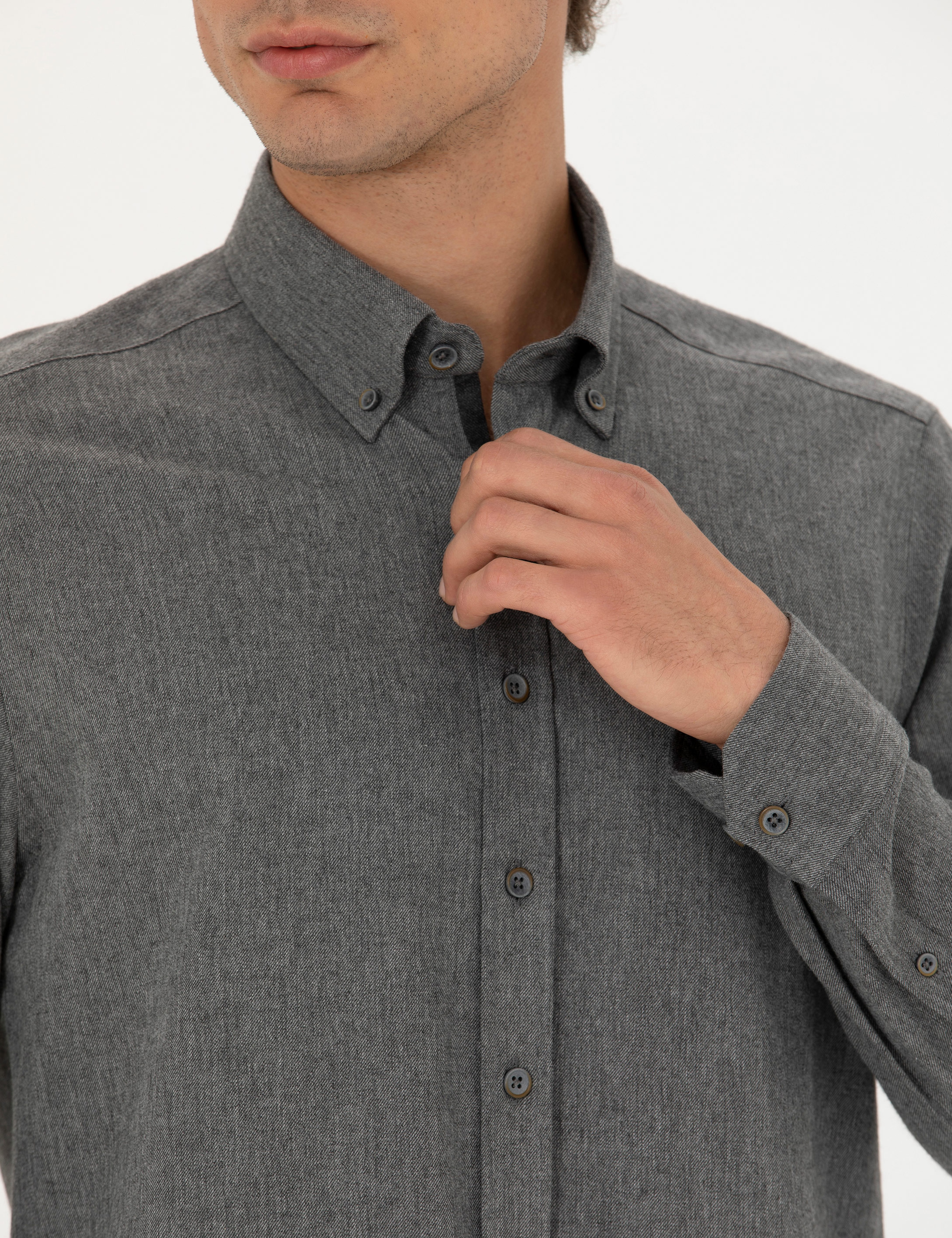 Gri Regular Fit Uzun Kollu Gömlek - Image 7