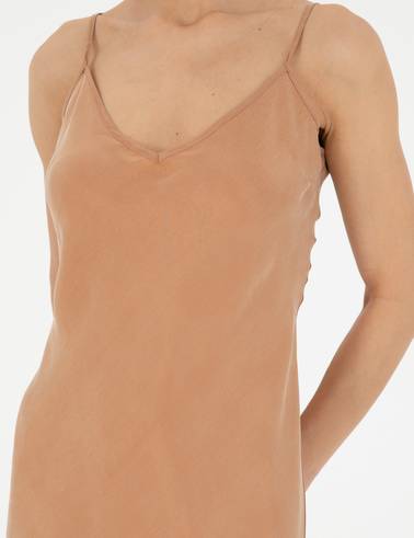 Kahverengi Slim Fit Yırtmaçlı Dokuma Elbise