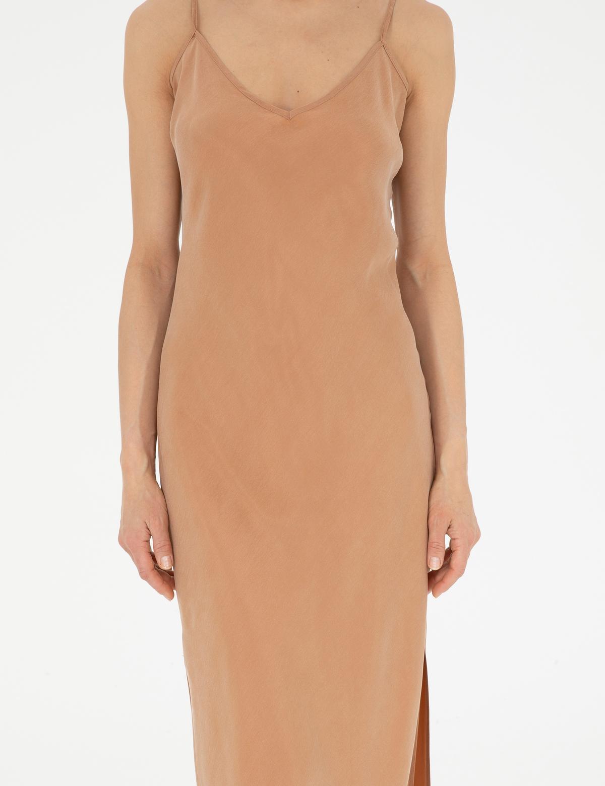 Kahverengi Slim Fit Yırtmaçlı Dokuma Elbise - 50273056012