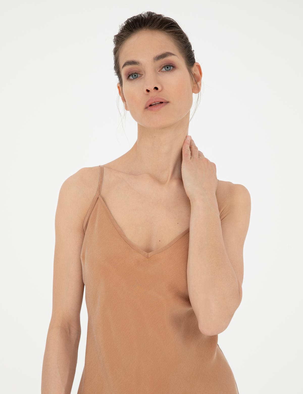 Kahverengi Slim Fit Yırtmaçlı Dokuma Elbise - 50273056012