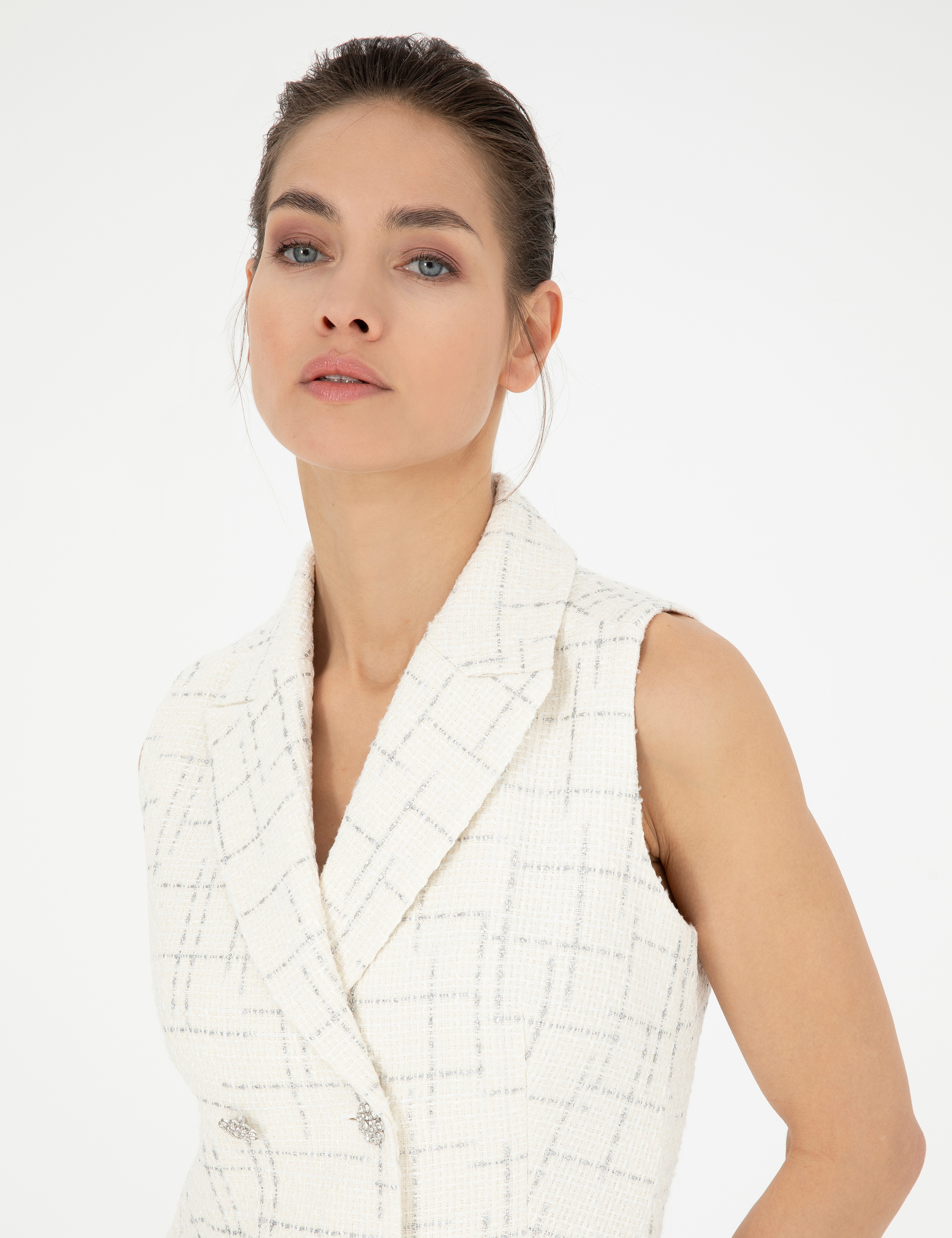 Ekru Slim Fit Tüvit Elbise