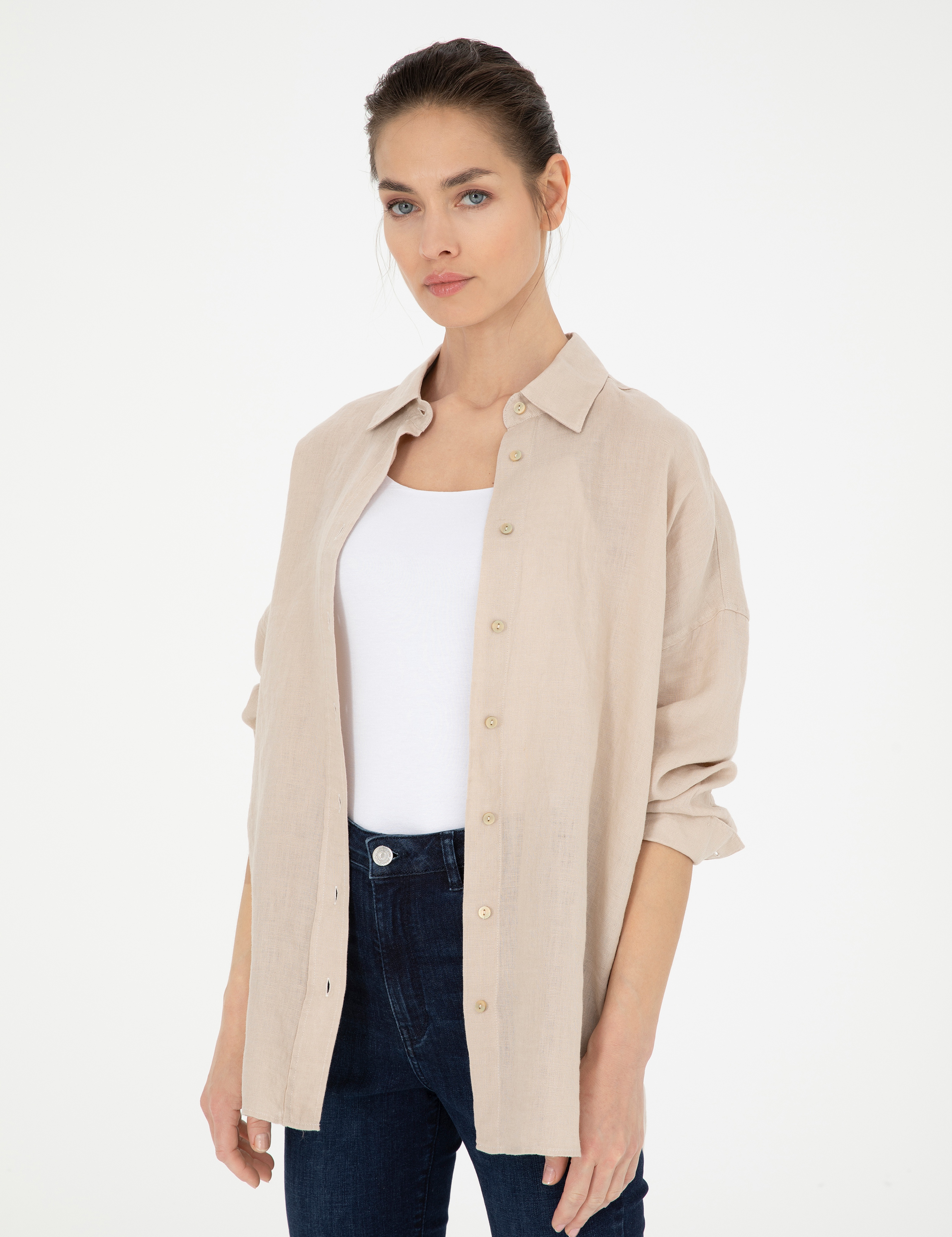 Kum Oversize Keten  Gömlek - Image 3