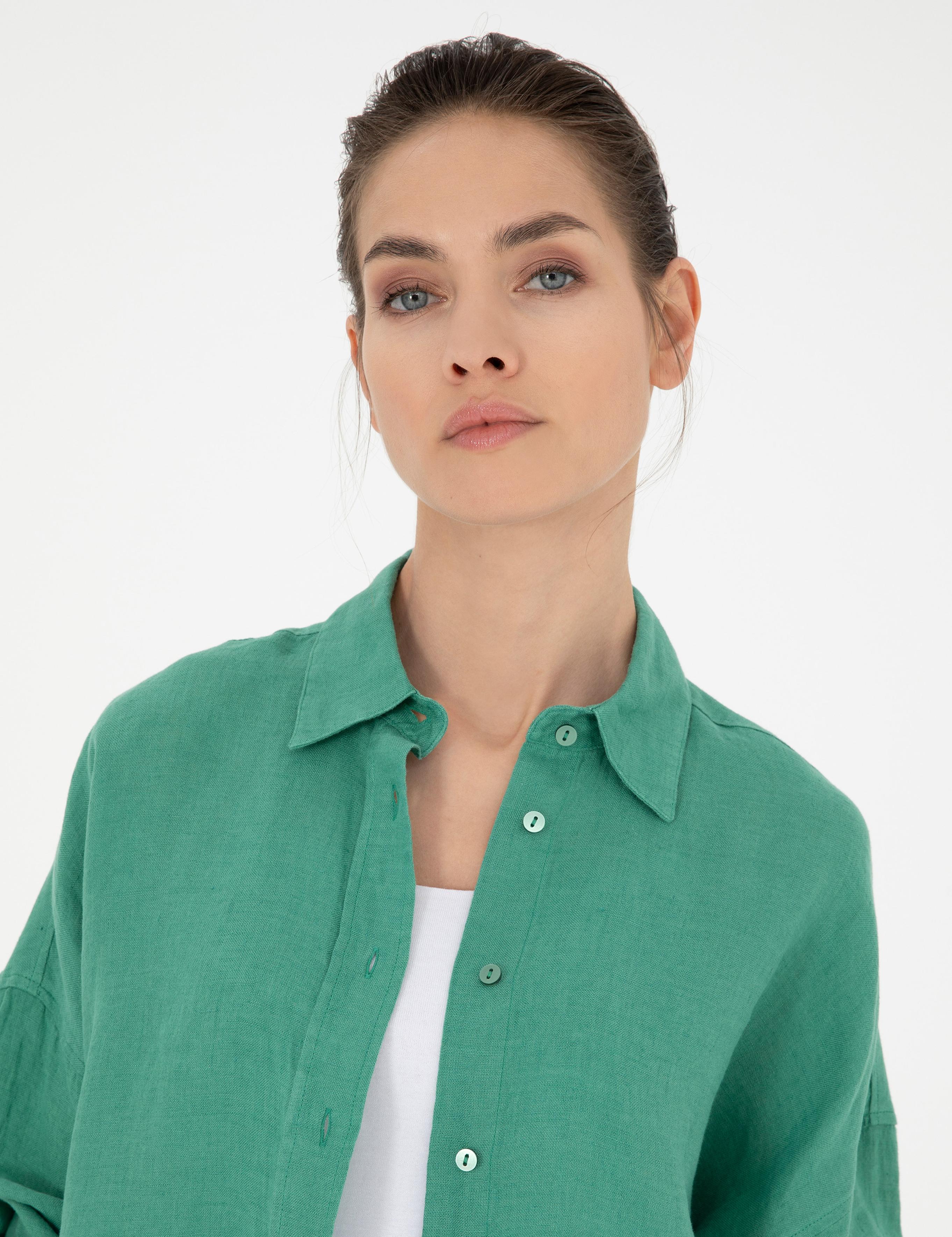 Yeşil Oversize Keten Gömlek