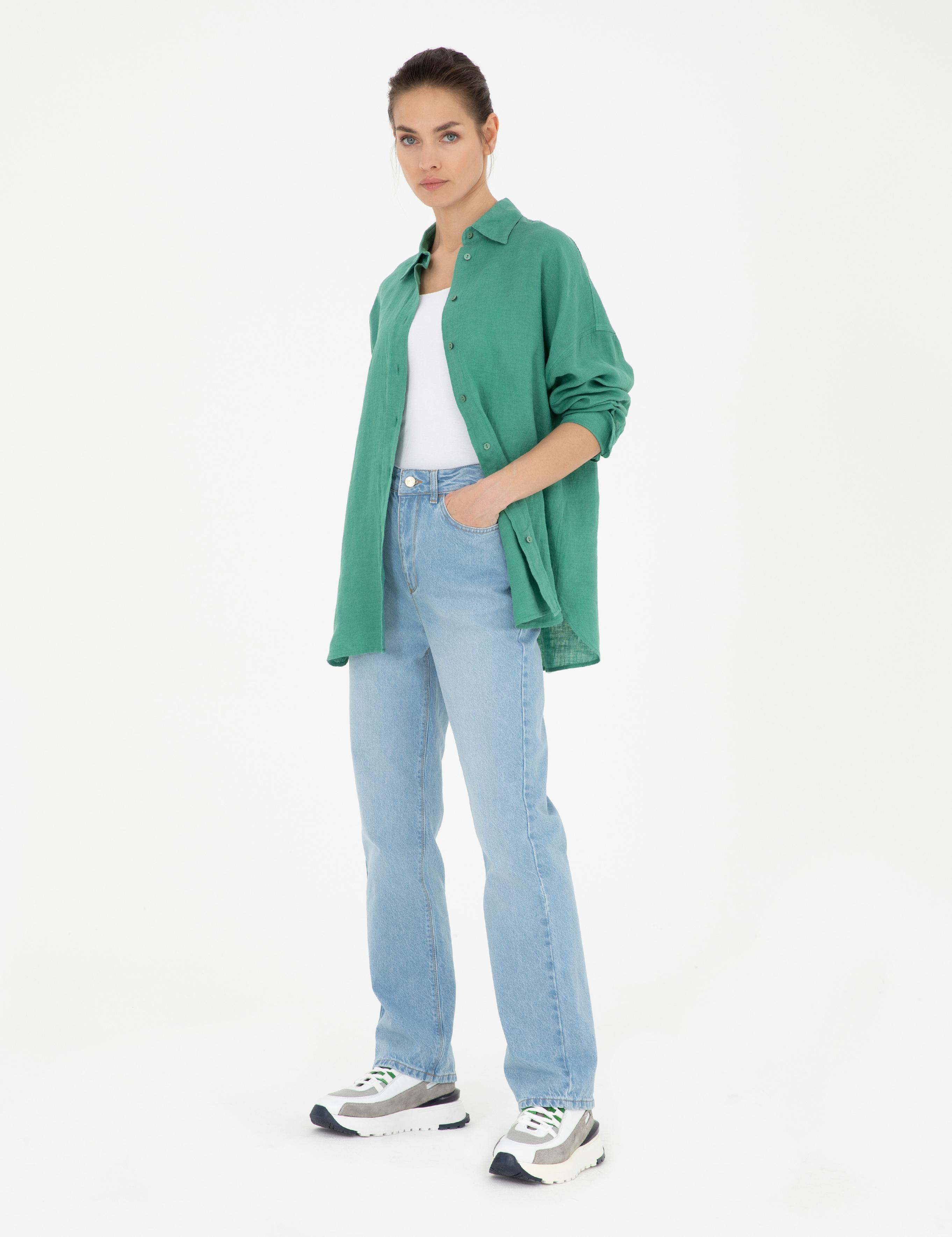 Yeşil Oversize Keten Gömlek