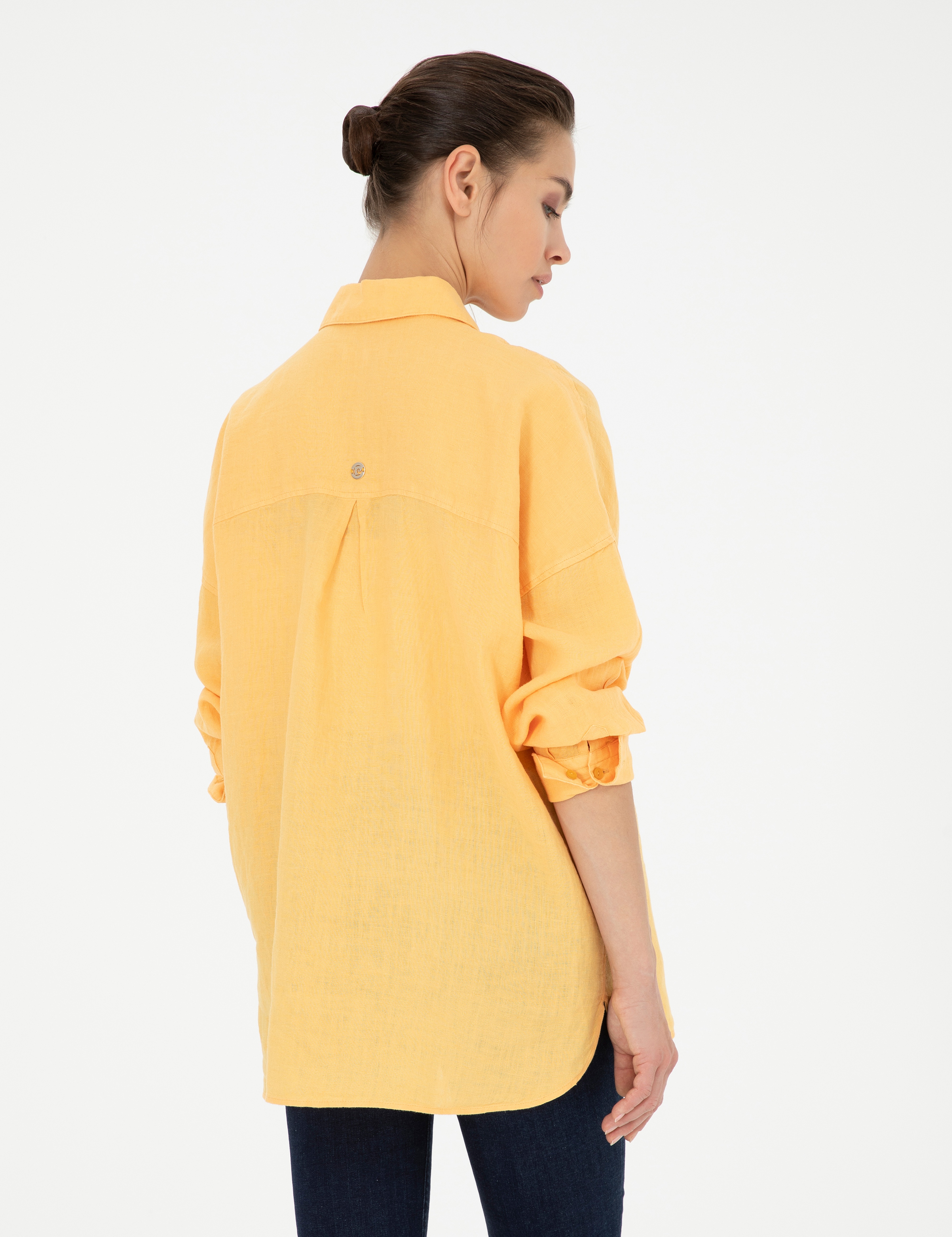 Sarı Oversize Keten Gömlek - Image 5