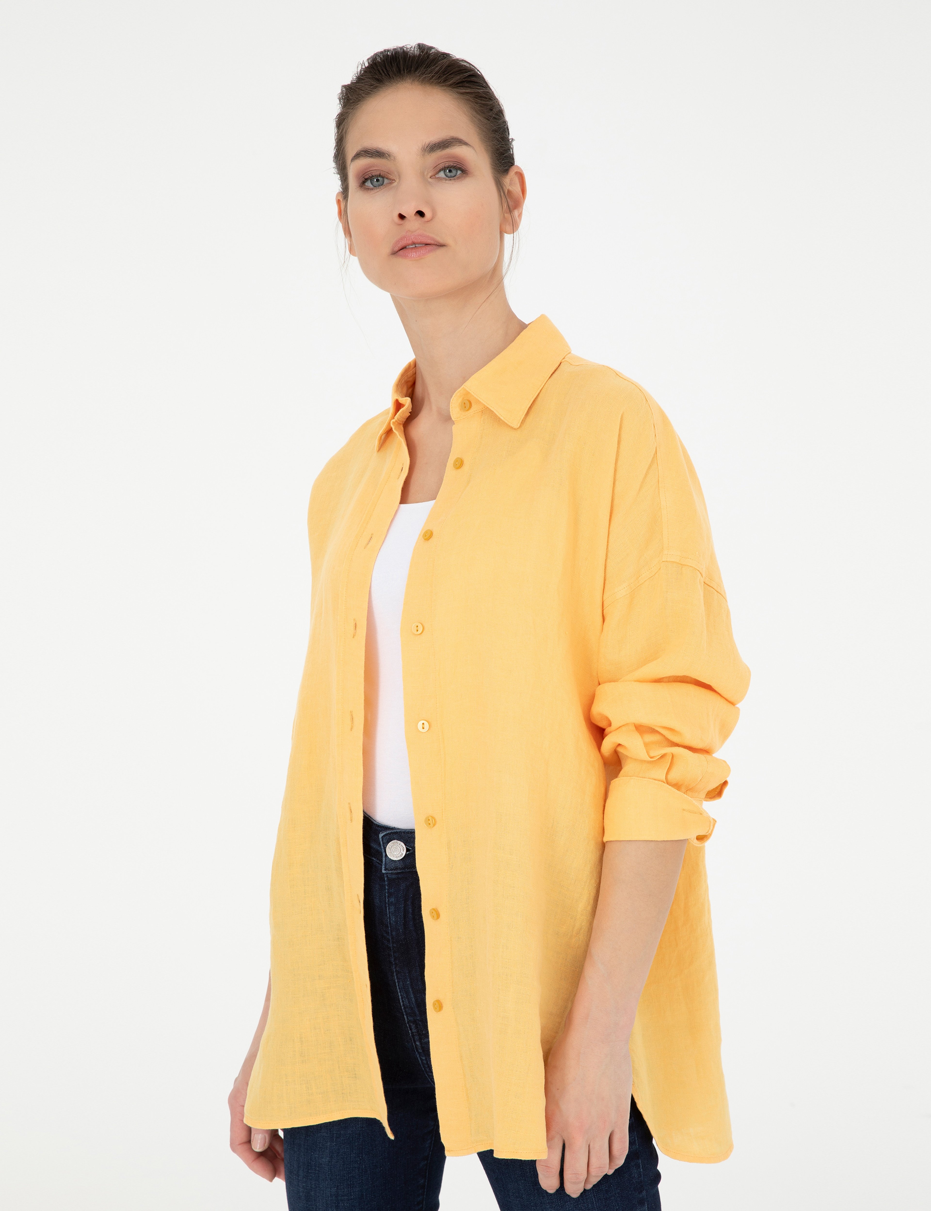 Sarı Oversize Keten Gömlek - Image 3