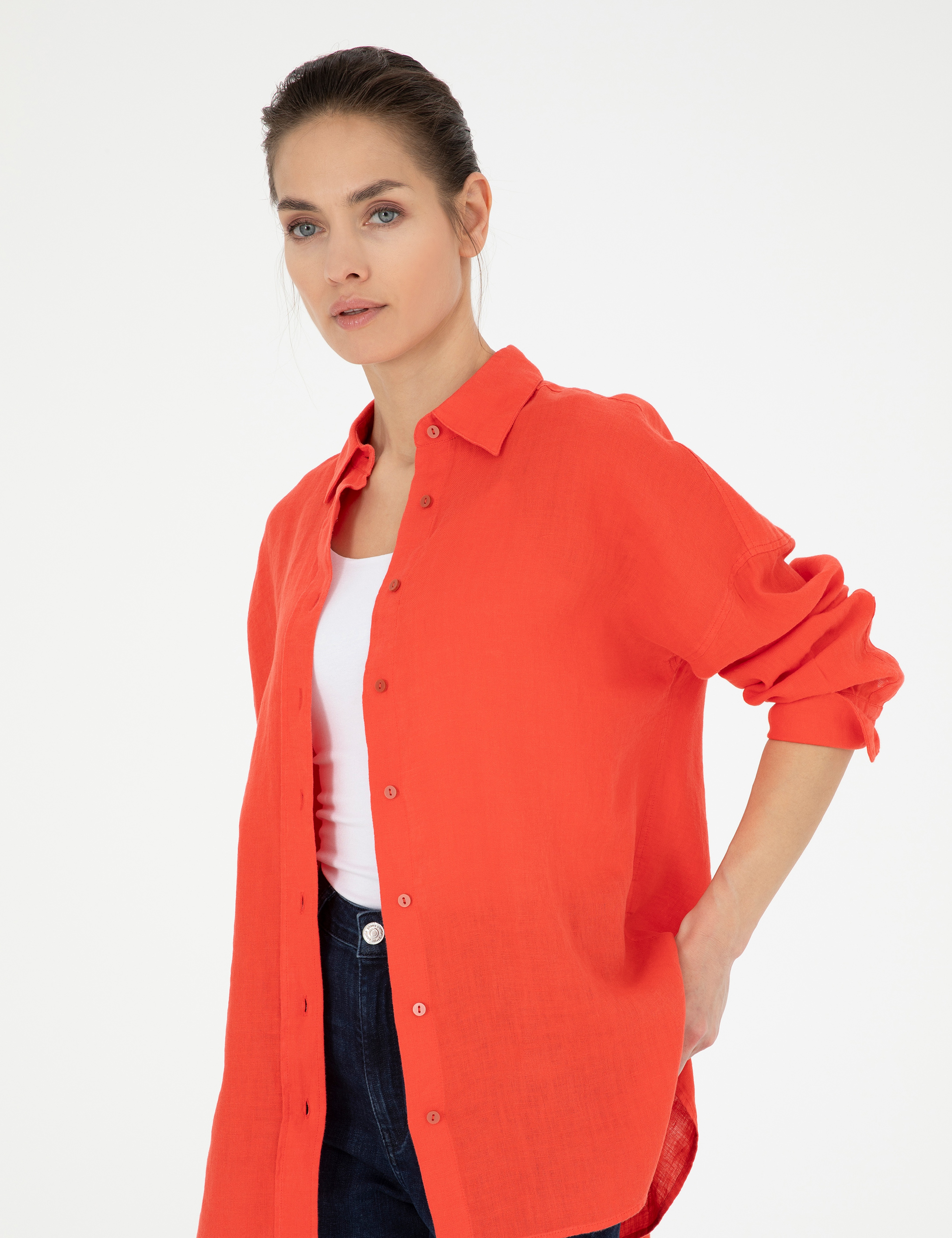 Nar Çiçeği Oversize Keten Gömlek
