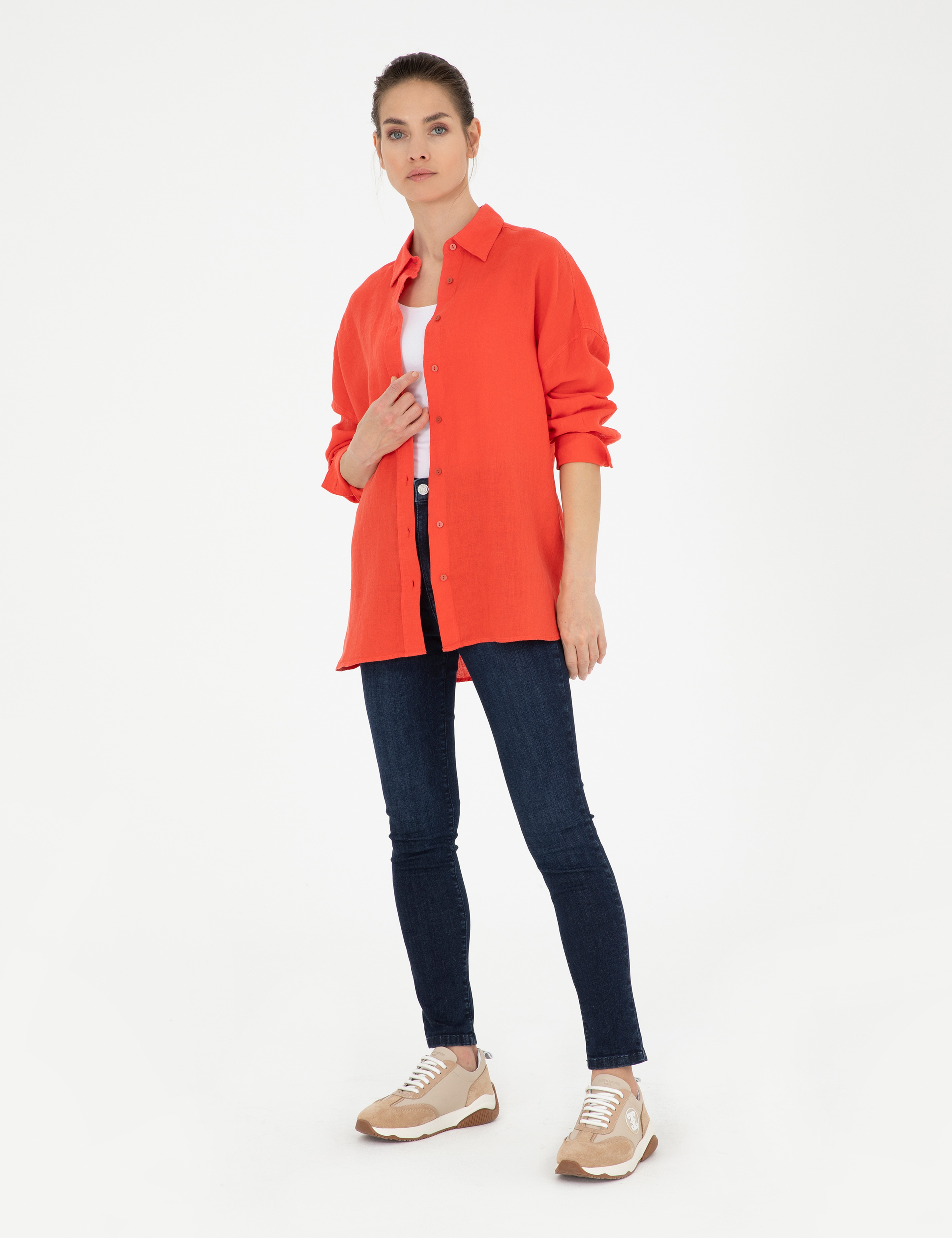 Nar Çiçeği Oversize Keten Gömlek - Image 4