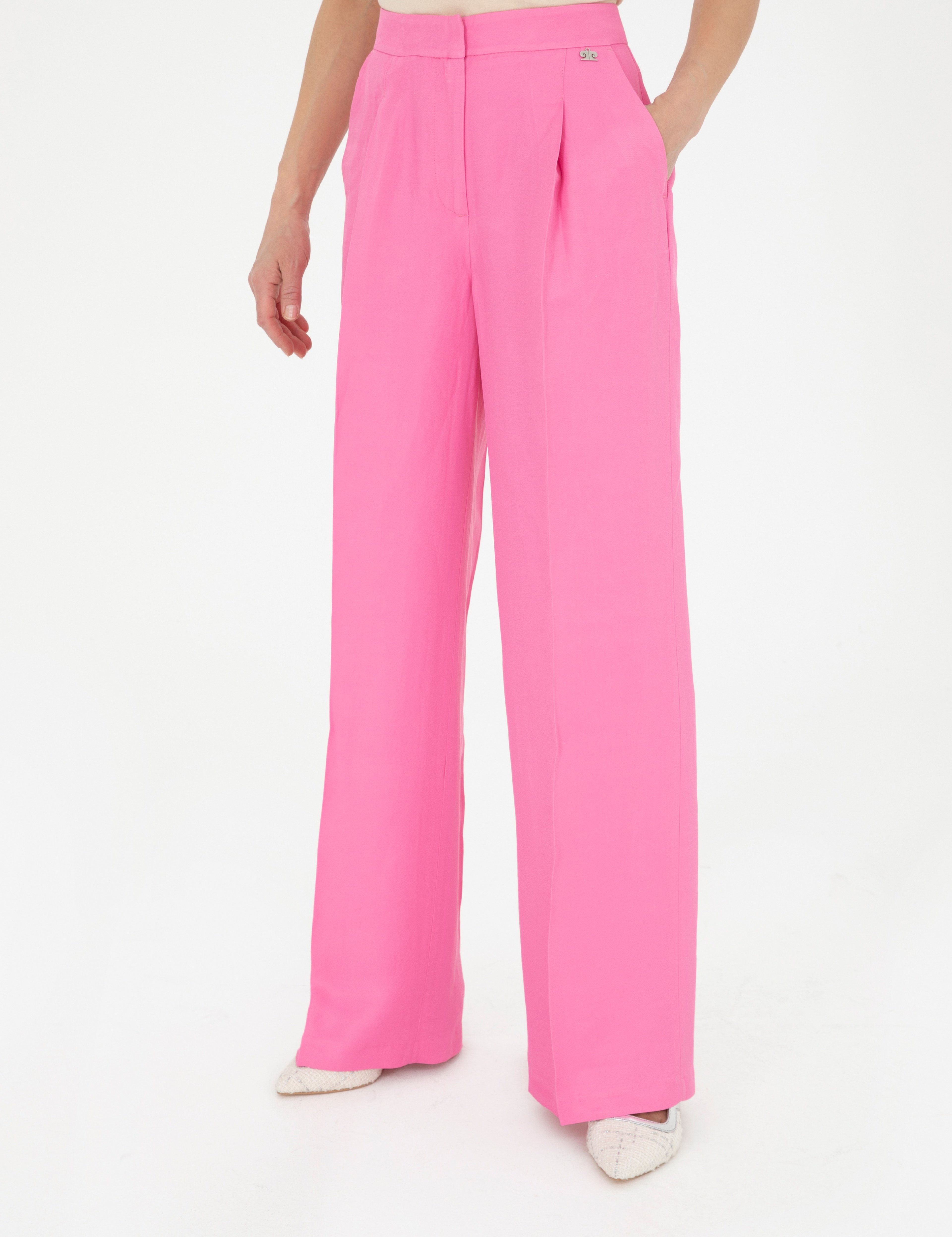 Pembe Keten Karışımlı Kumaş Pantolon - Image 2