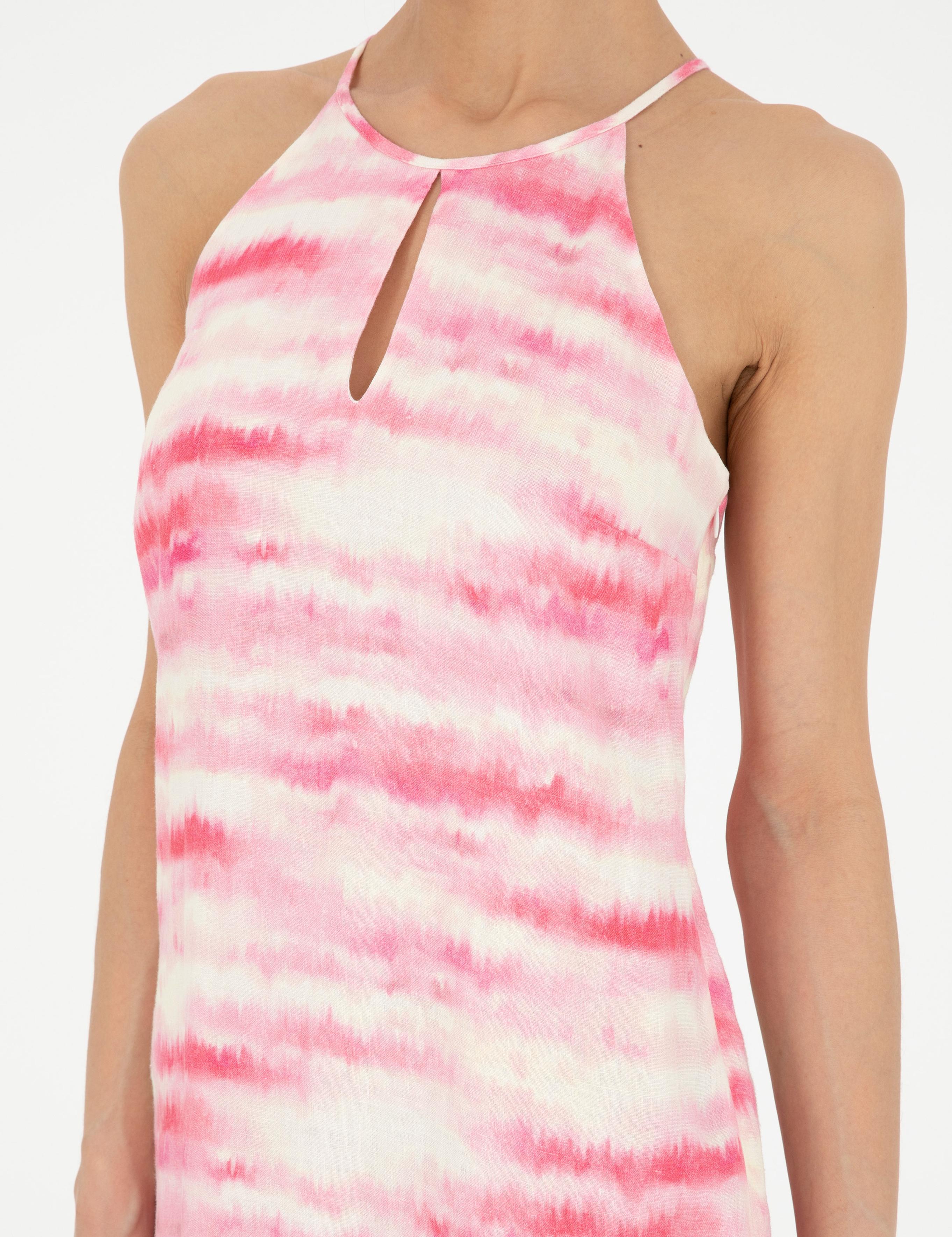 Pembe Desenli Keten Yırtmaçlı Elbise