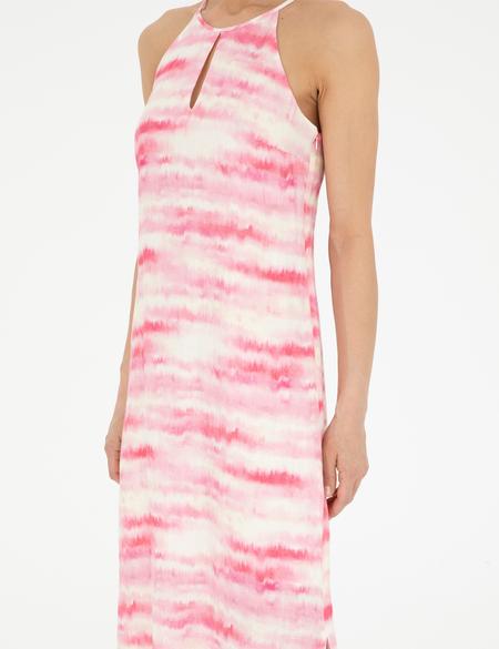 Pembe Desenli Keten Yırtmaçlı Elbise - 50283657019