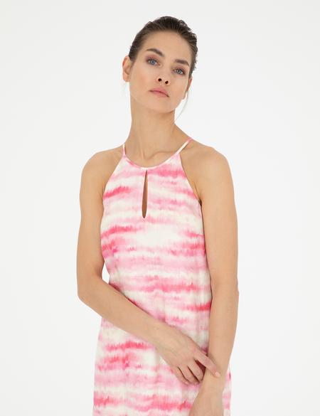 Pembe Desenli Keten Yırtmaçlı Elbise - 50283657019