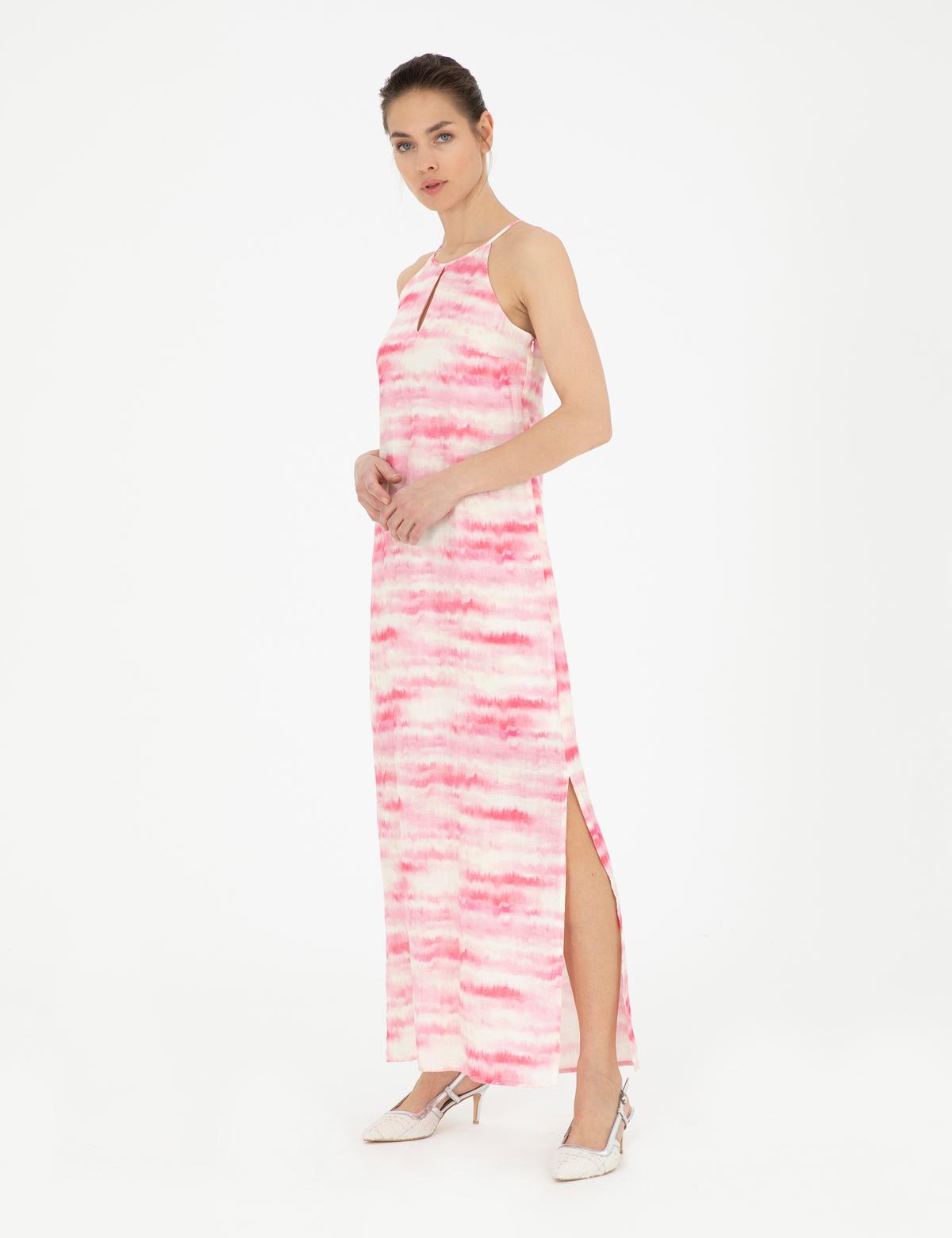 Pembe Desenli Keten Yırtmaçlı Elbise