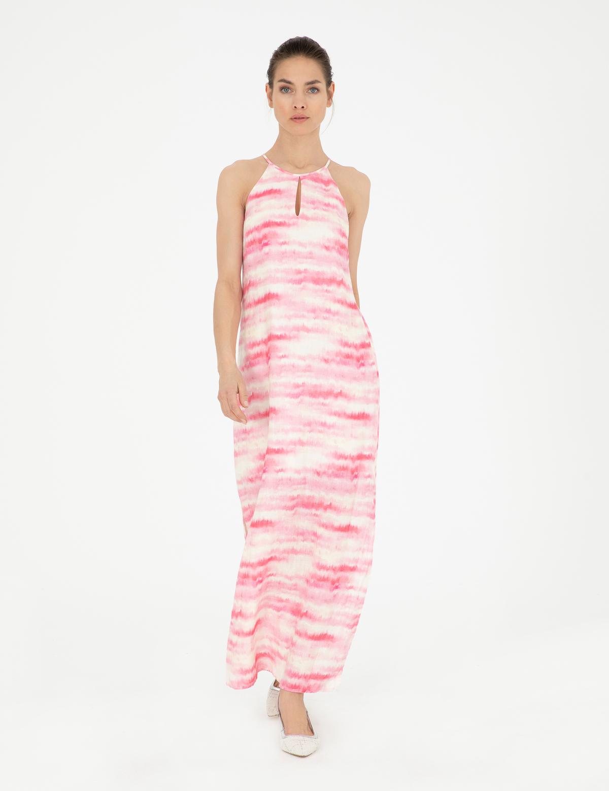 Pembe Desenli Keten Yırtmaçlı Elbise - 50283657019