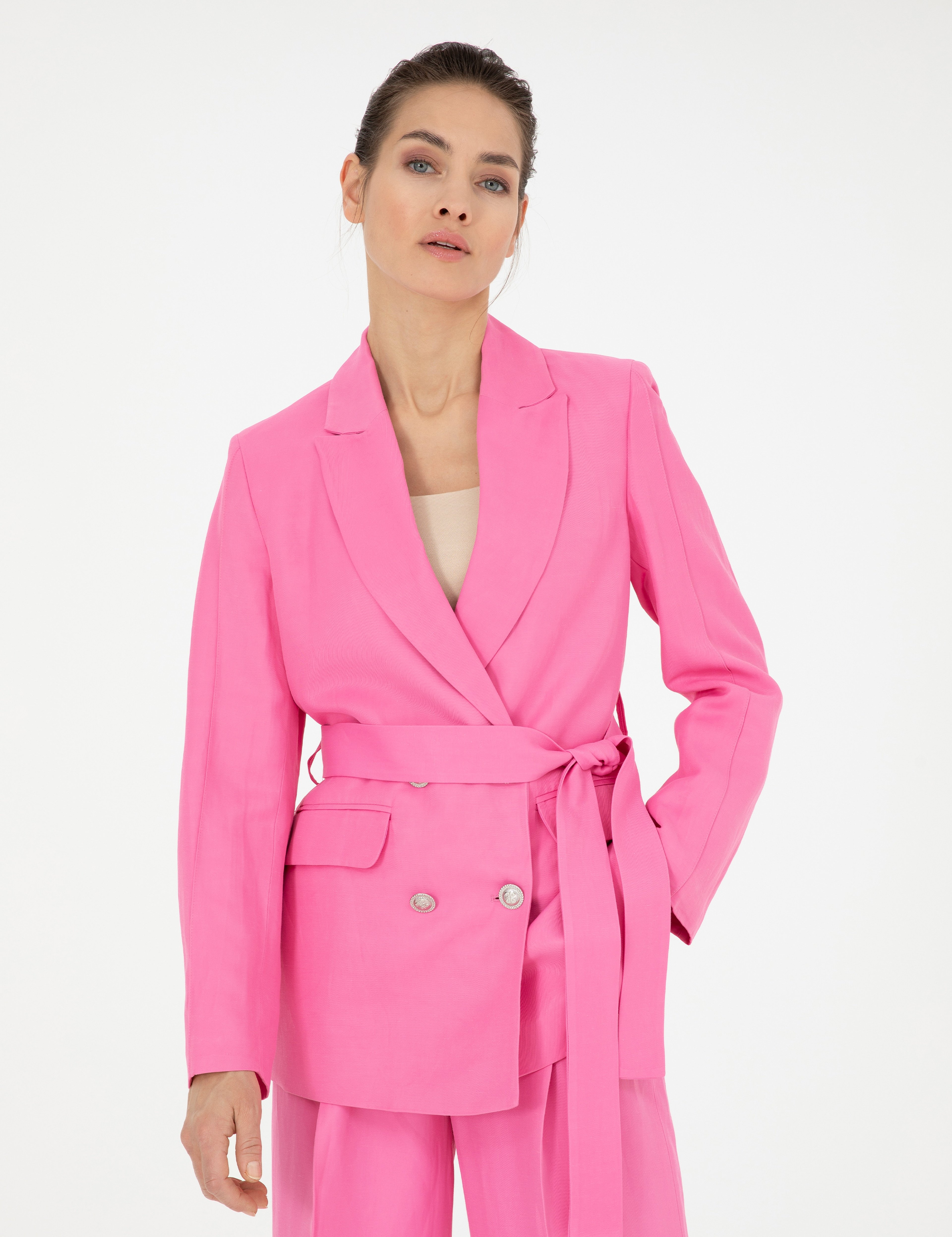 Pembe Keten Karışımlı Regular Fit Ceket