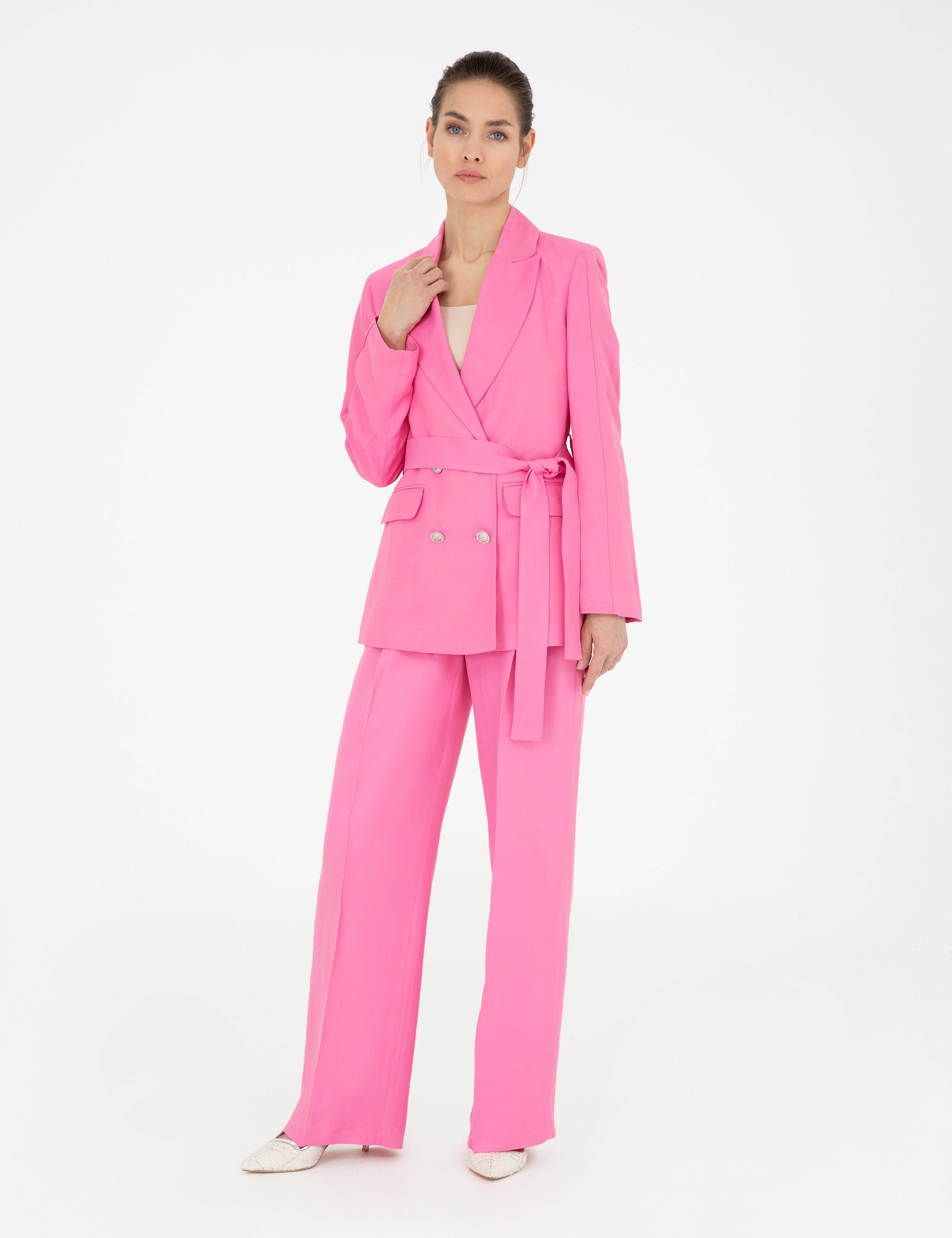 Pembe Keten Karışımlı Regular Fit Ceket