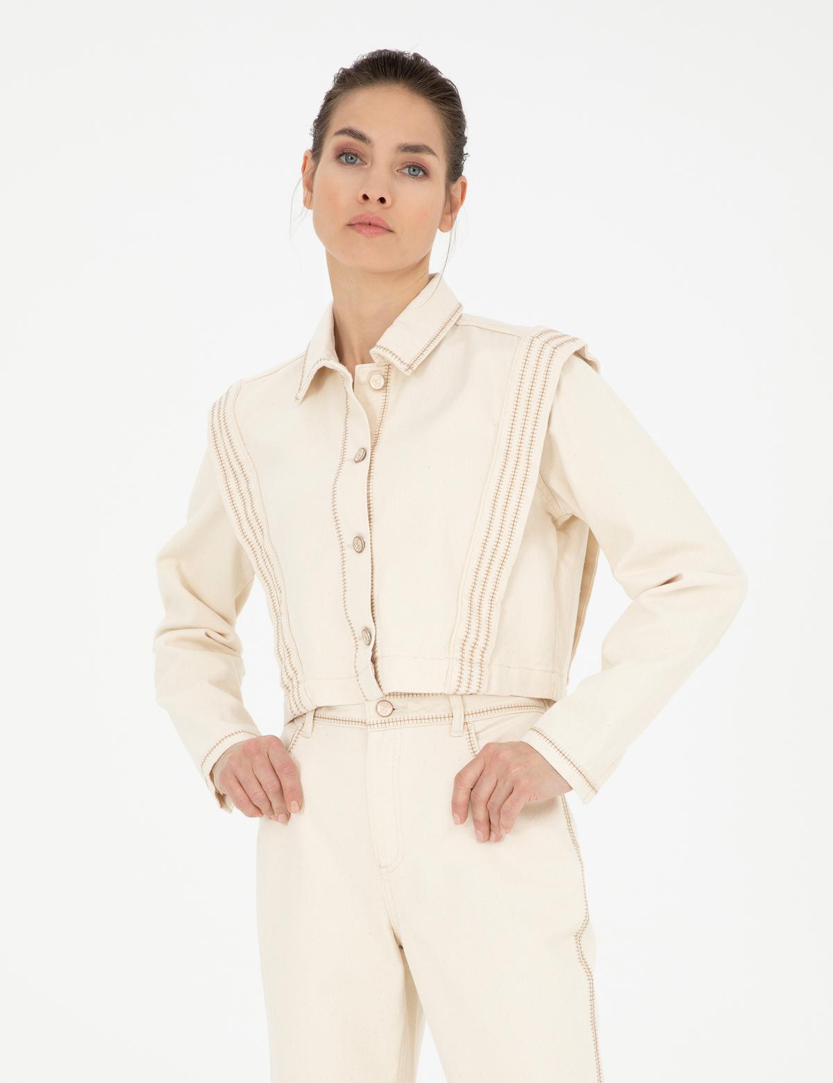 Krem Crop Top Uzun Kollu Gömlek