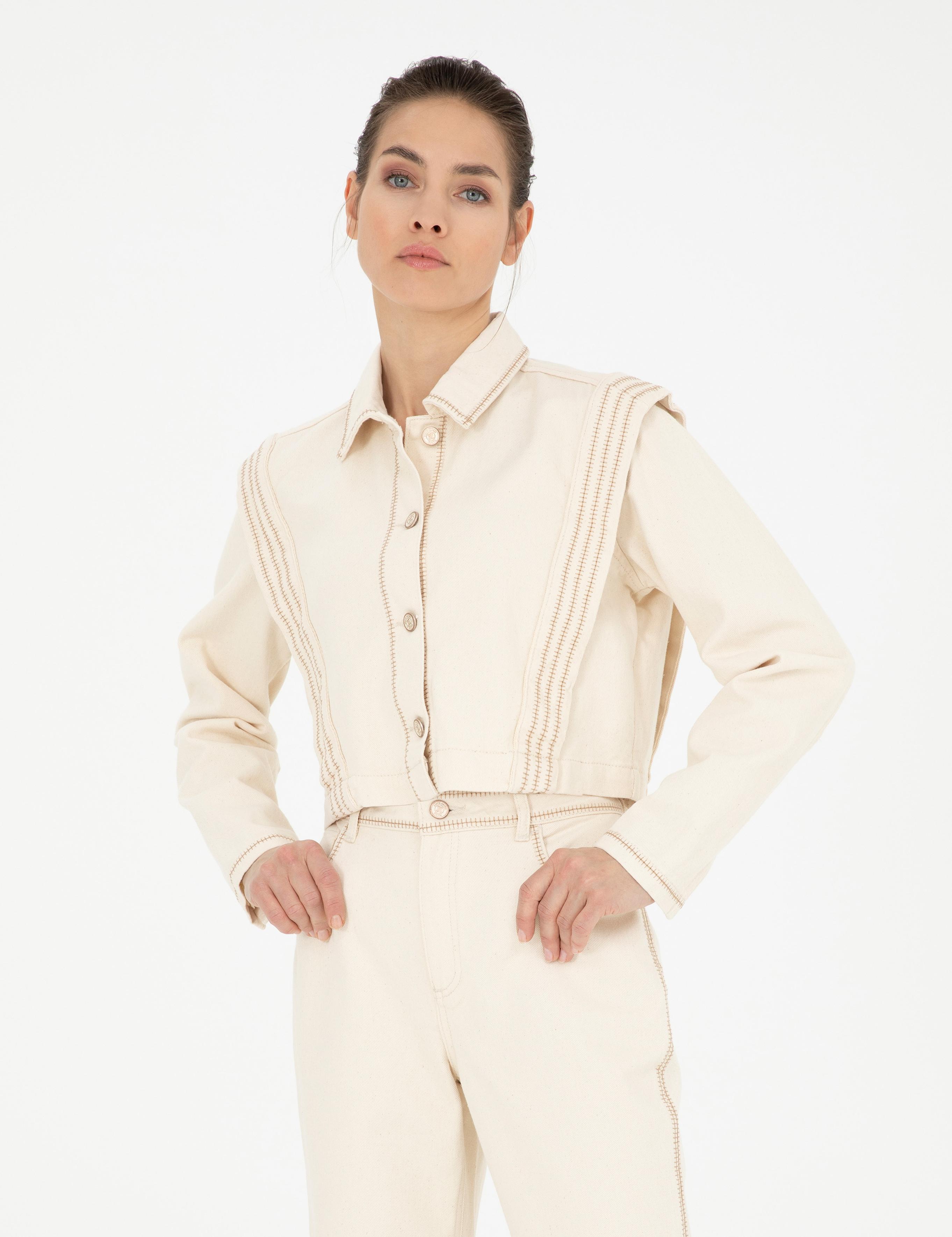 Krem Crop Top Uzun Kollu Gömlek