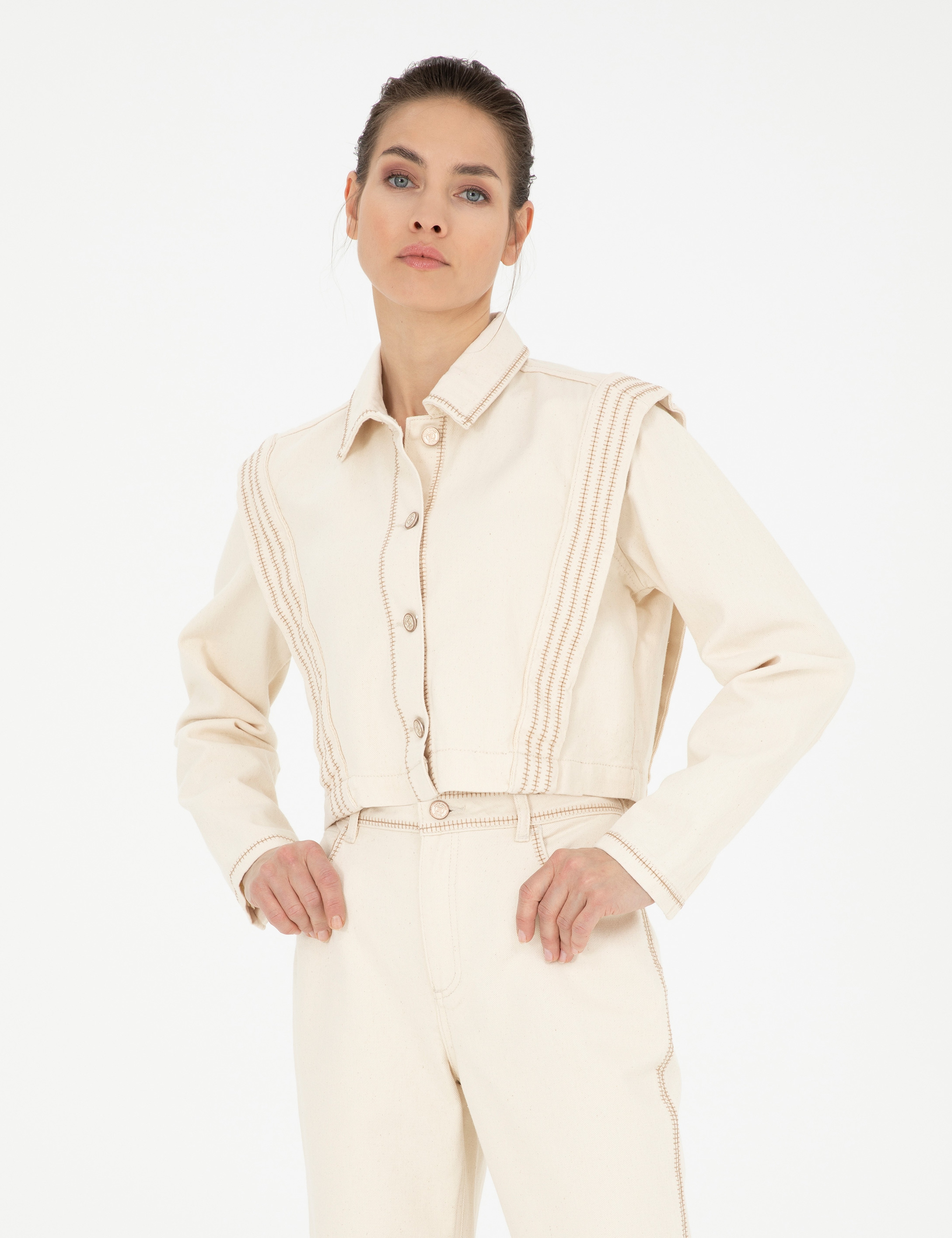 Krem Crop Top Uzun Kollu Gömlek - Image 1