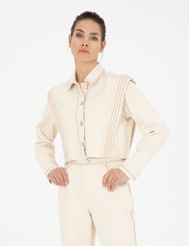 Krem Crop Top Uzun Kollu Gömlek