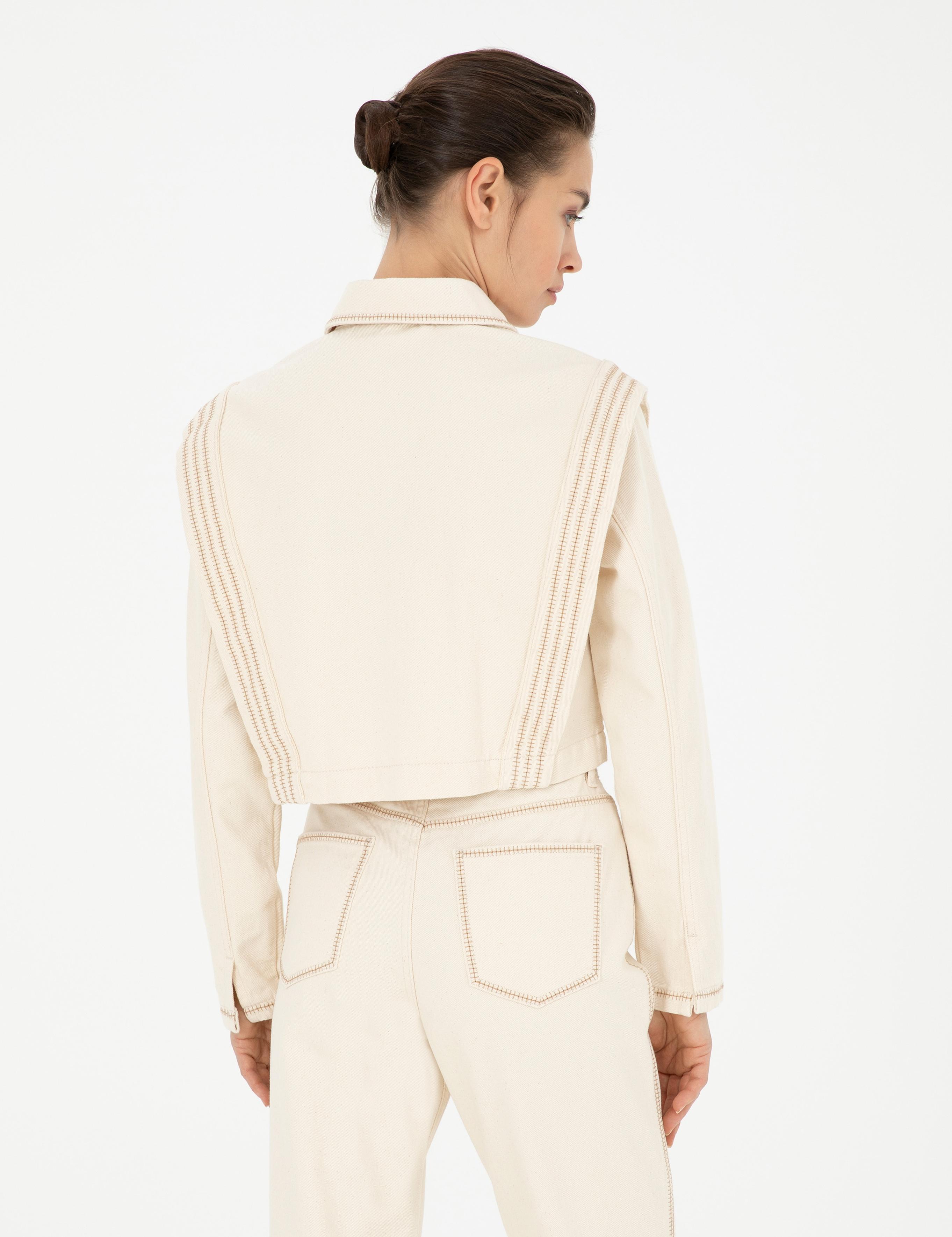 Krem Crop Top Uzun Kollu Gömlek