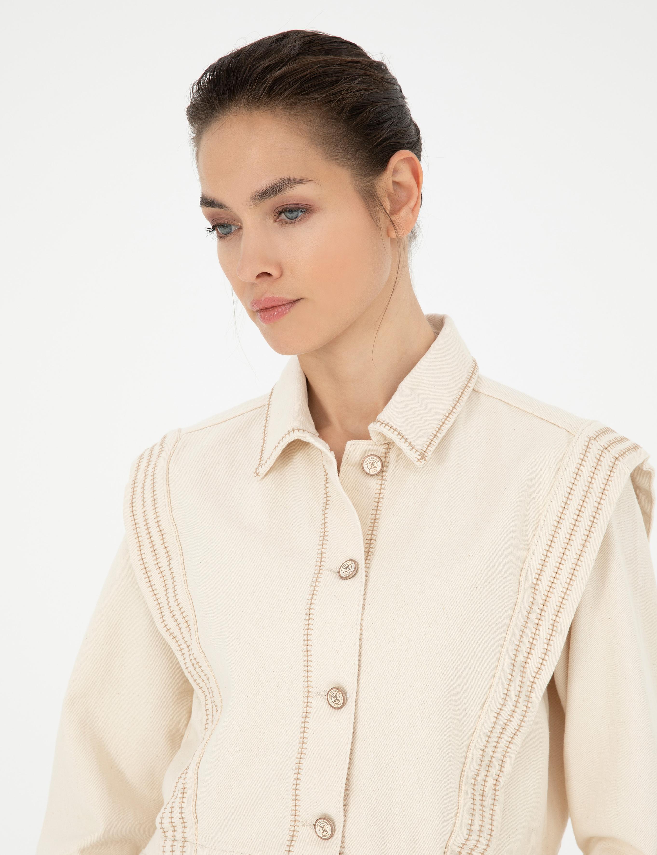 Krem Crop Top Uzun Kollu Gömlek