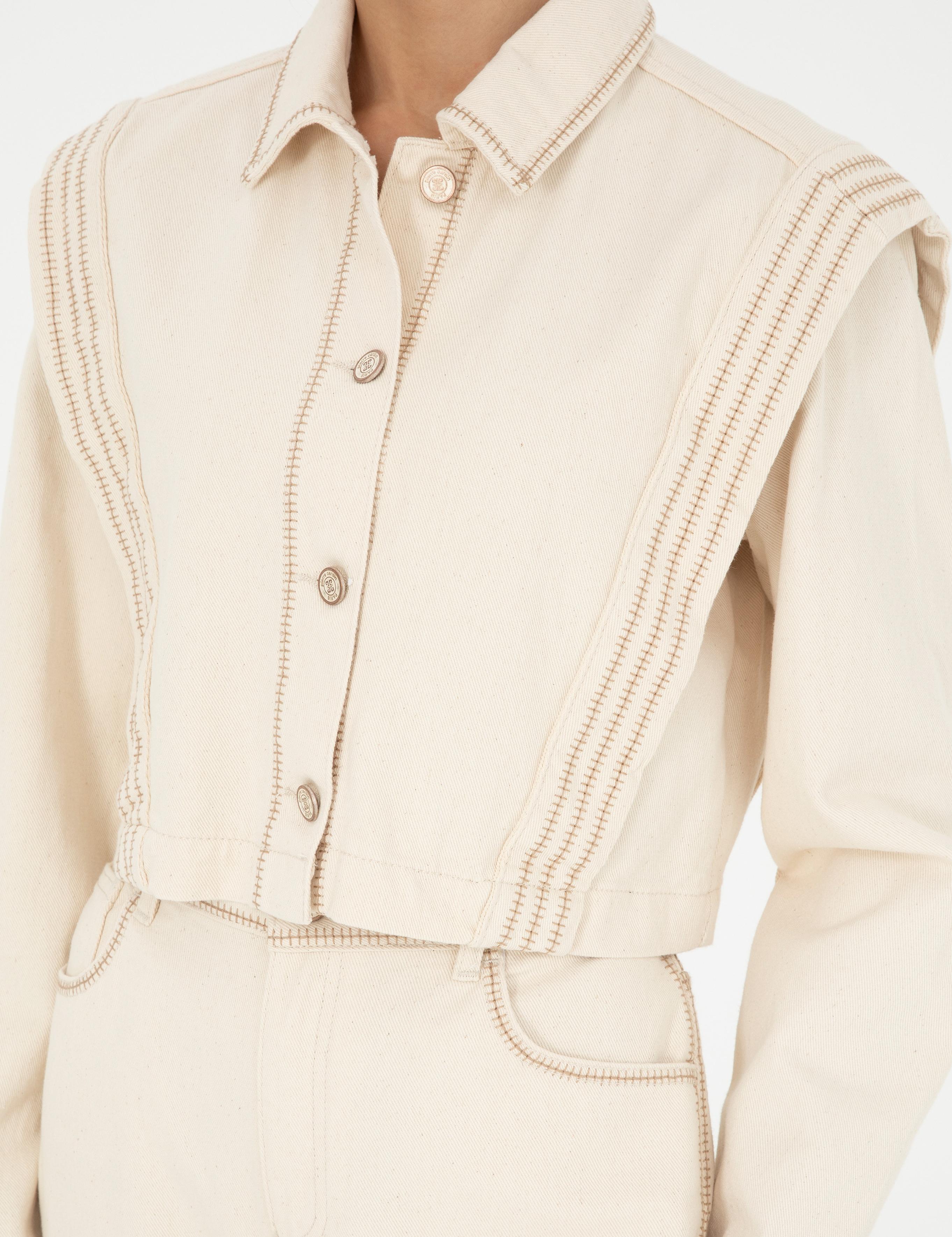 Krem Crop Top Uzun Kollu Gömlek