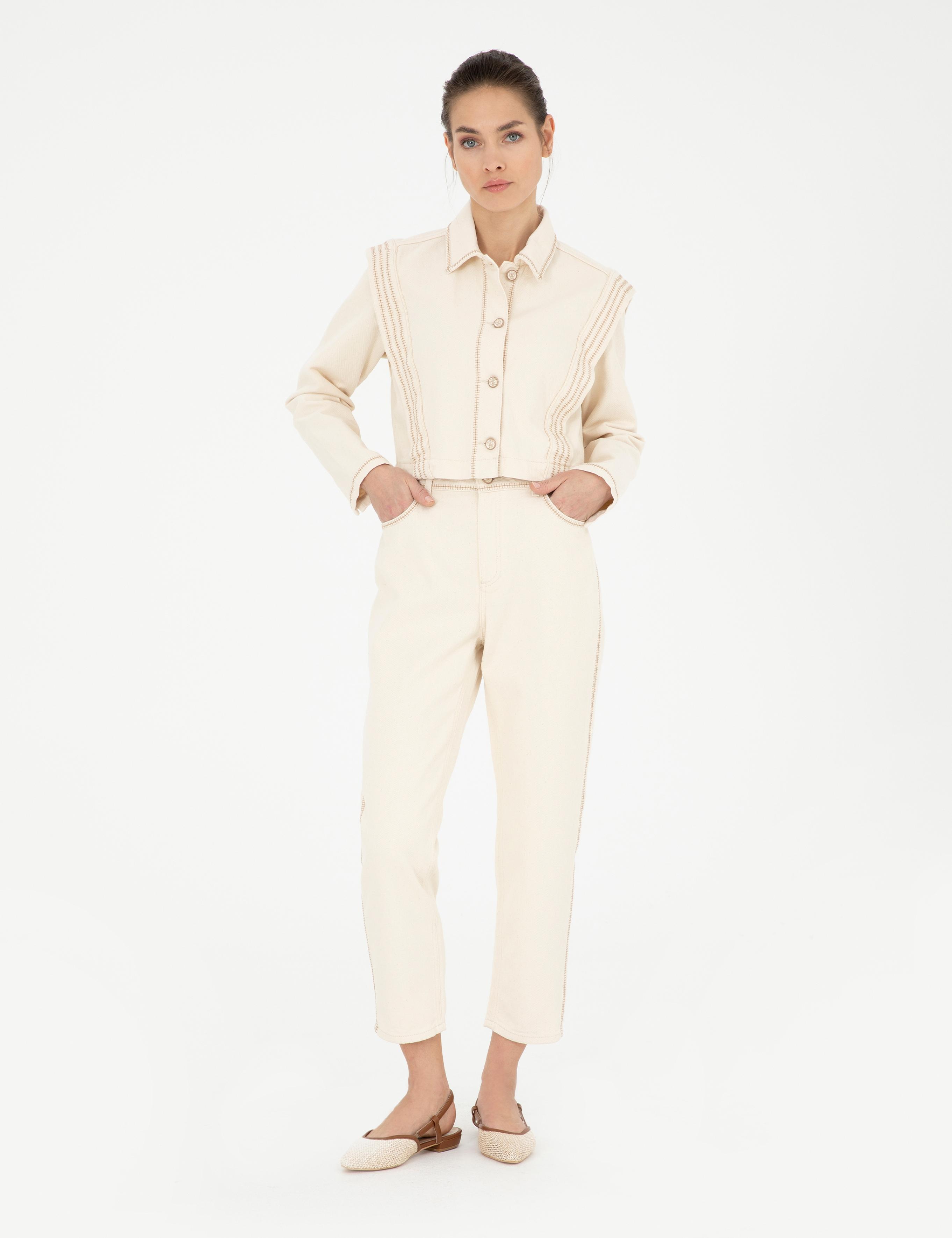 Krem Crop Top Uzun Kollu Gömlek