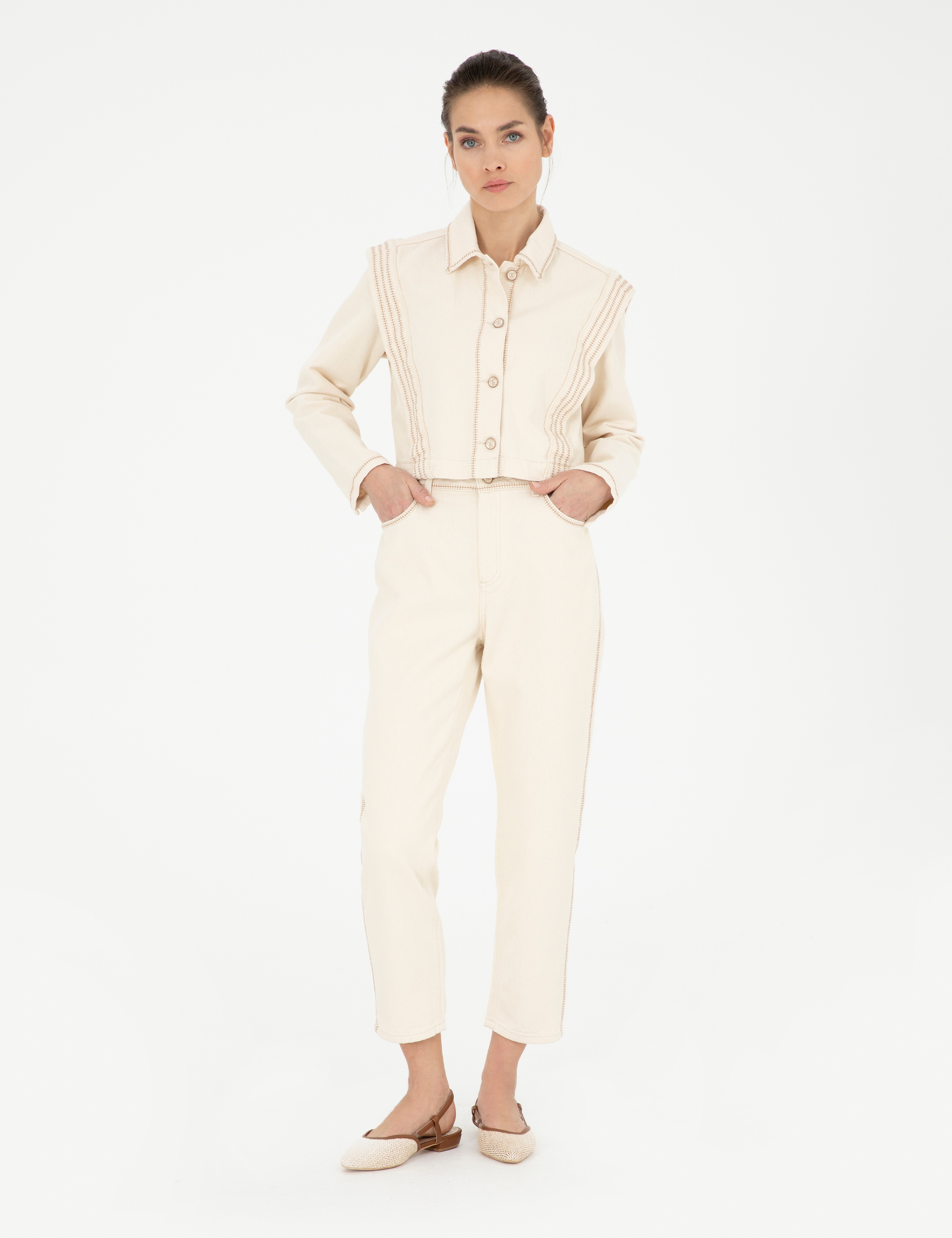 Krem Crop Top Uzun Kollu Gömlek - Image 4